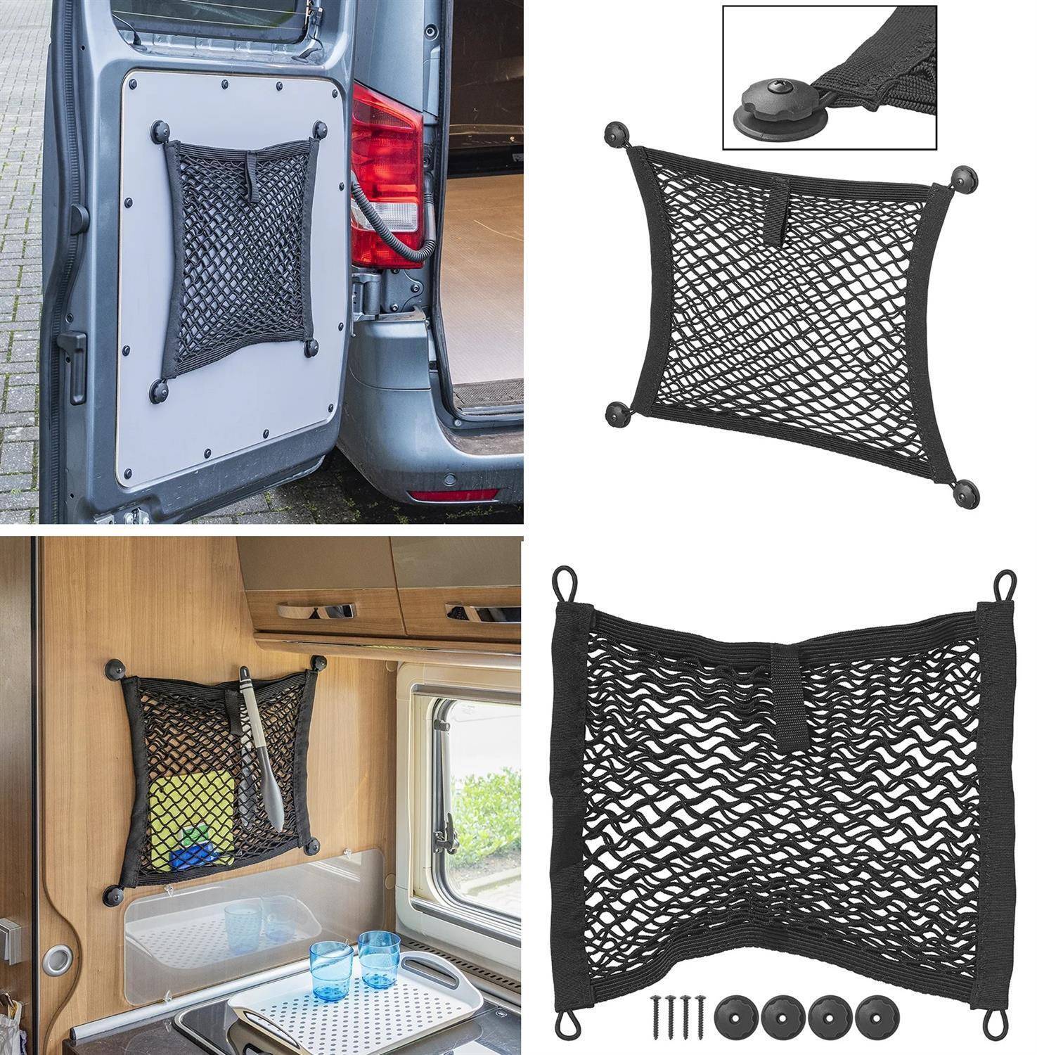 Elastisches Cargo-Netz-Organizer, an der Innenseite der Fahrzeugtür montiert, zur Aufbewahrung. Inklusive Installationszubehör und Anwendungsbeispiele im Campingvan.