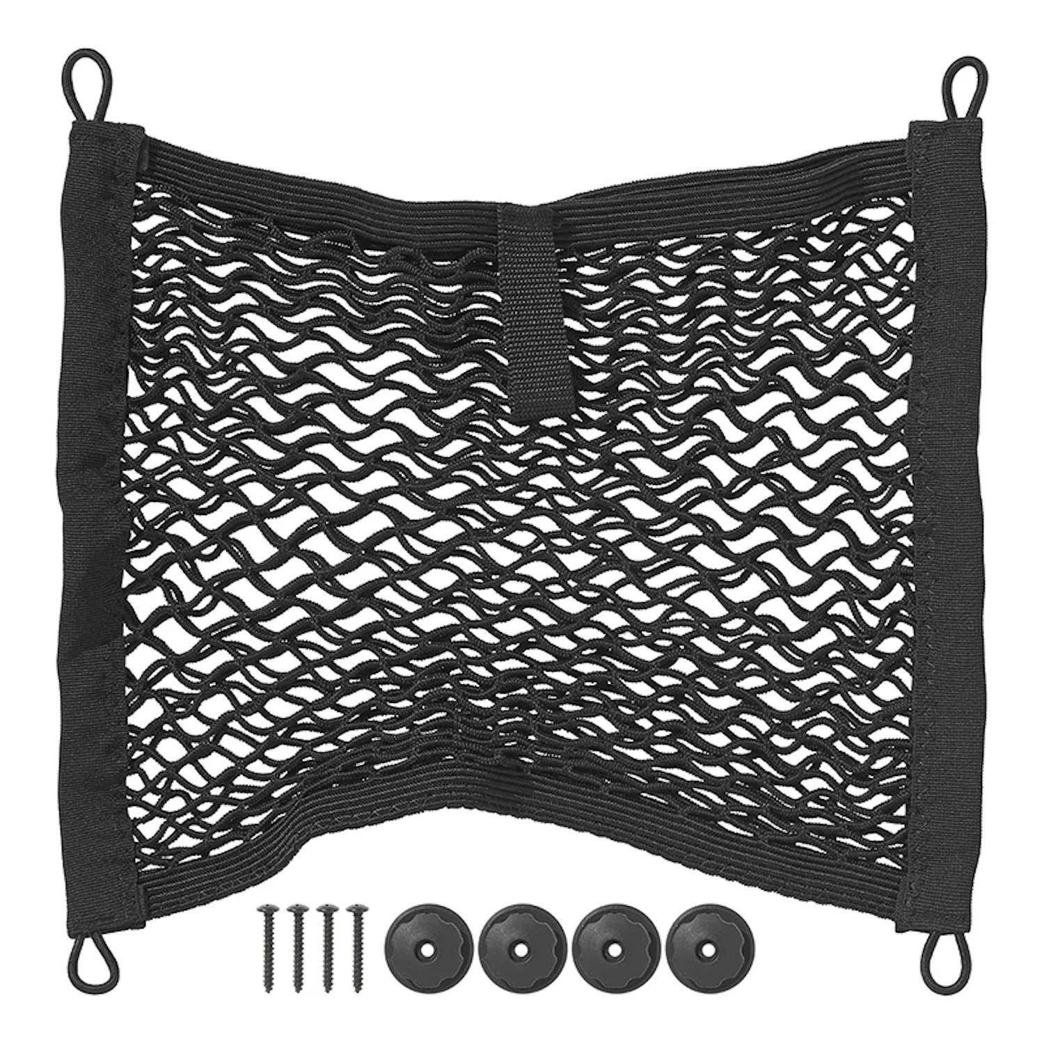 Ein schwarzes Gepäcknetz mit vier Eckbefestigungen, vier Schrauben und vier Unterlegscheiben, entwickelt zur Organisierung von Gegenständen in einem Fahrzeug.