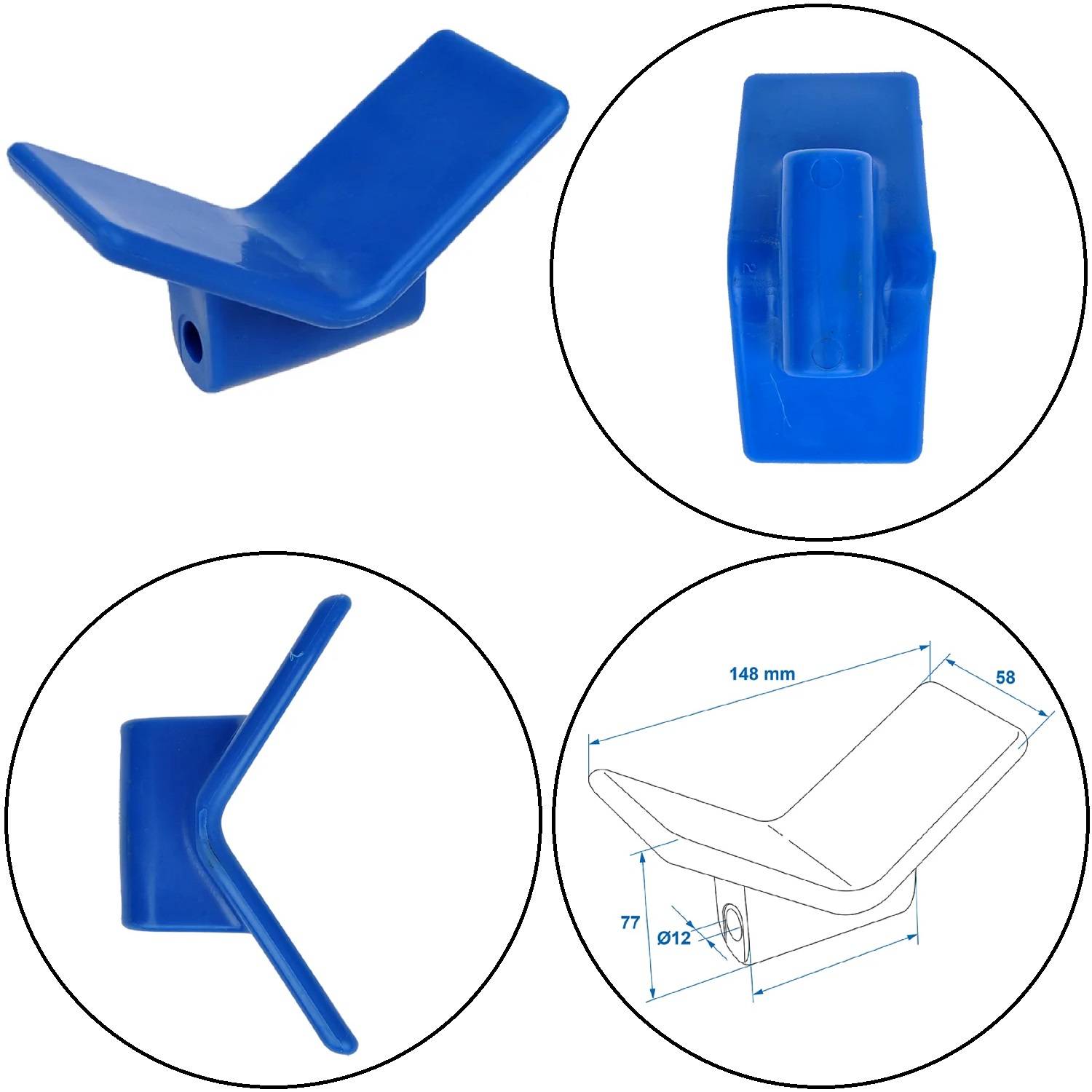 Blauer Kunststoffhalter, dargestellt aus verschiedenen Winkeln. Diagramm zeigt Abmessungen: 148 mm Länge, 77 mm Tiefe, 58 mm Höhe, 12 mm Durchmesser.