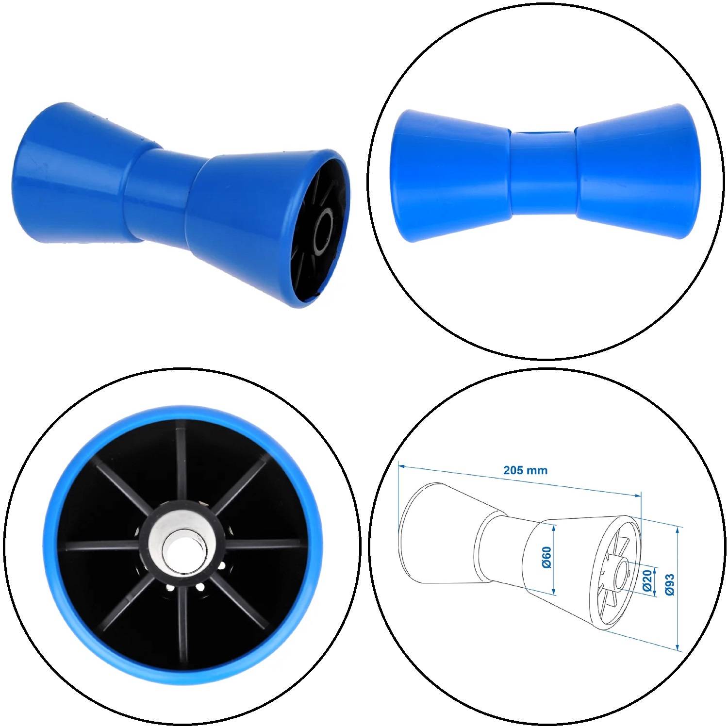 Blauer Schleifenroller mit Maßen: 205 mm Breite, 100 mm Durchmesser.