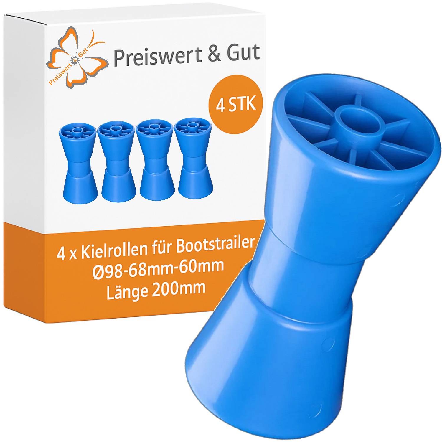 Blauer Bootsanhänger-Kielprofil-Roller, 98-68mm Durchmesser, 200mm Länge. Packung mit 4 Stück, in Box mit 'Preiswert & Gut' Markenaufdruck.