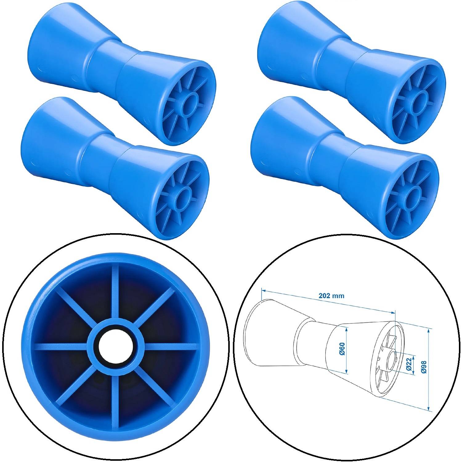 Vier blaue Gummi-Bootslaufrollen mit zentralen Naben; eine detaillierte Maßzeichnung, die eine Länge von 202 mm und eine Breite von 88 mm zeigt.