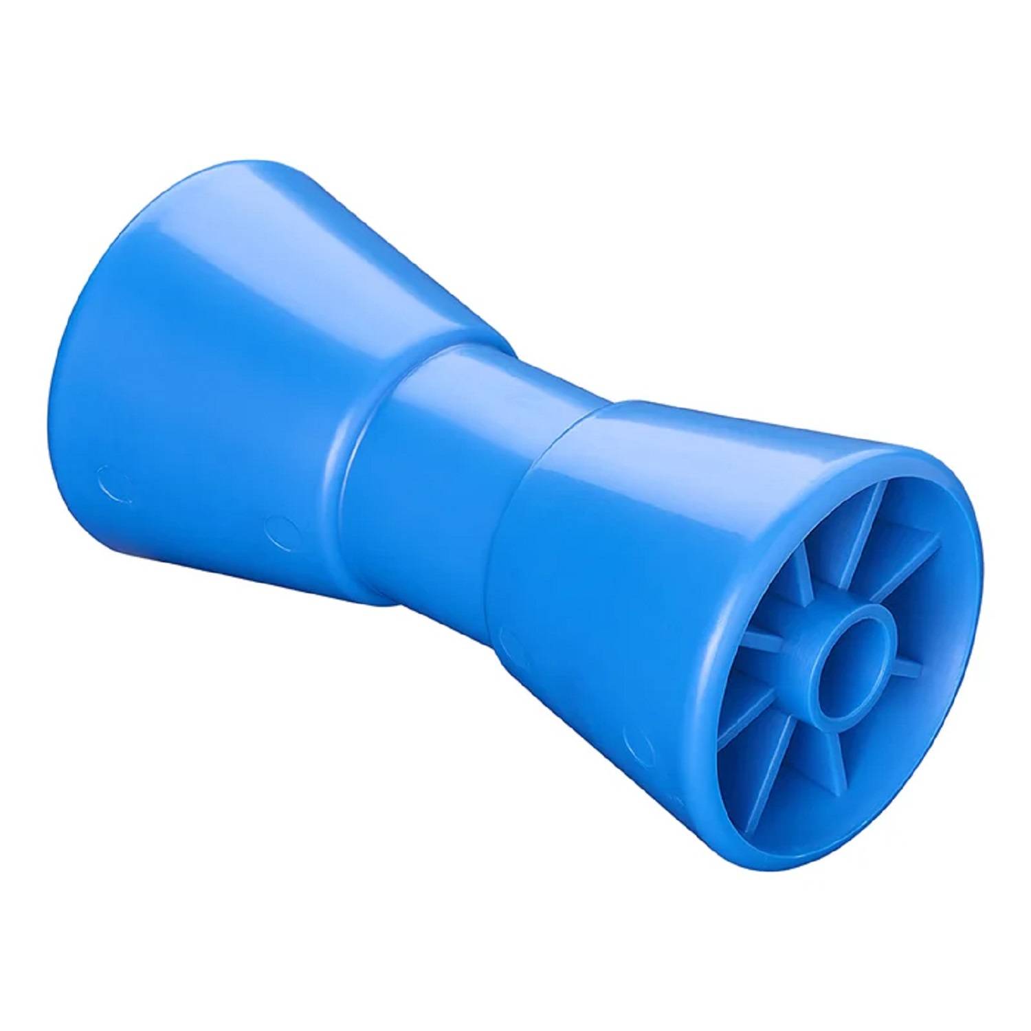 Ein blauer Kunststoff-Zylinder mit ausgestellten Enden, der einer Schlauchdüse oder einem Adapter ähnelt und für die Verbindung mit Schläuchen oder Rohren konzipiert ist.