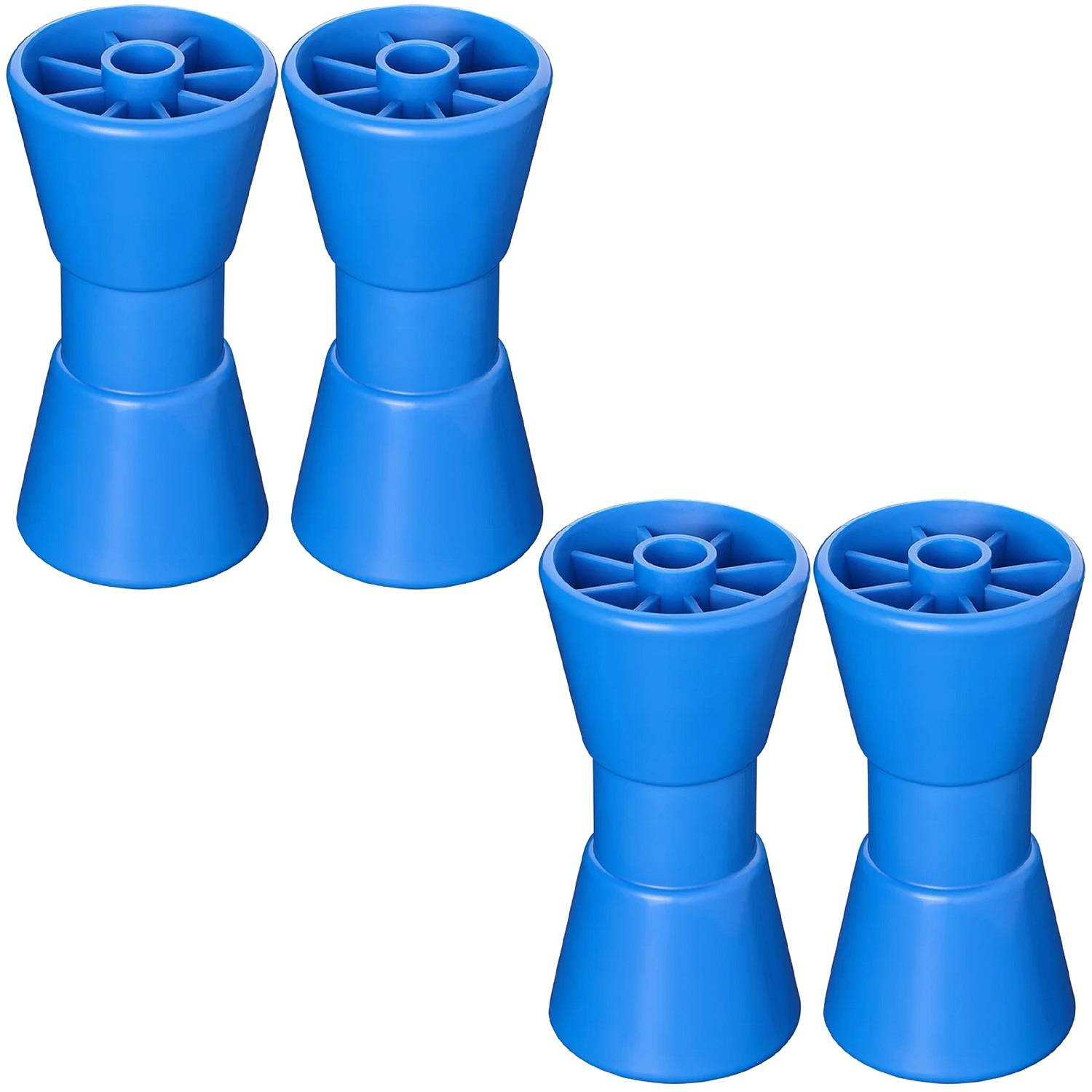 Vier blaue, zylindrische Plastikgegenstände mit einem hohlen Kern, die Rollen oder kleine Spulen ähneln, paarweise angeordnet.