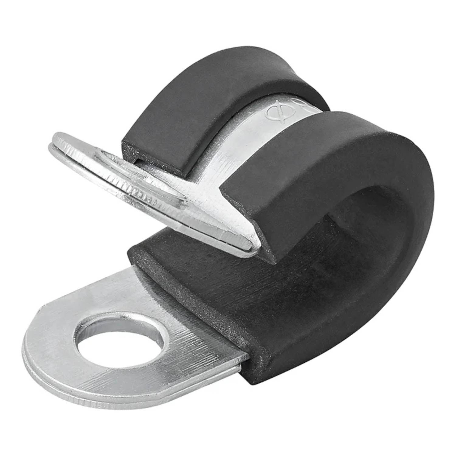 Eine Metallklemme mit Gummierung und einem Schraubenloch, die zum Befestigen von Kabeln oder Schläuchen vorgesehen ist.