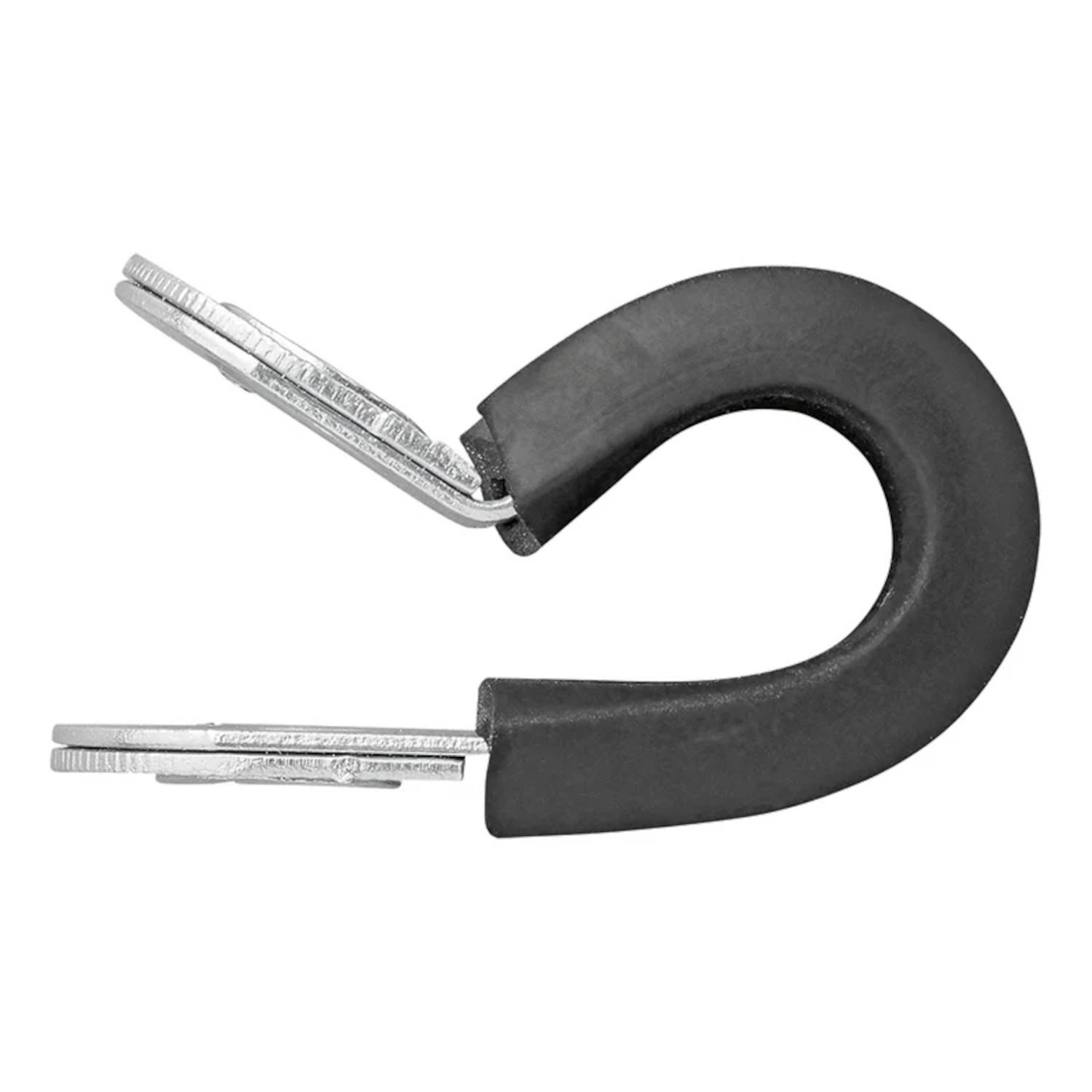 Ein schwarzer Schlüsselhalter mit zwei silbernen Metallschlaufen liegt auf einem weißen Hintergrund.