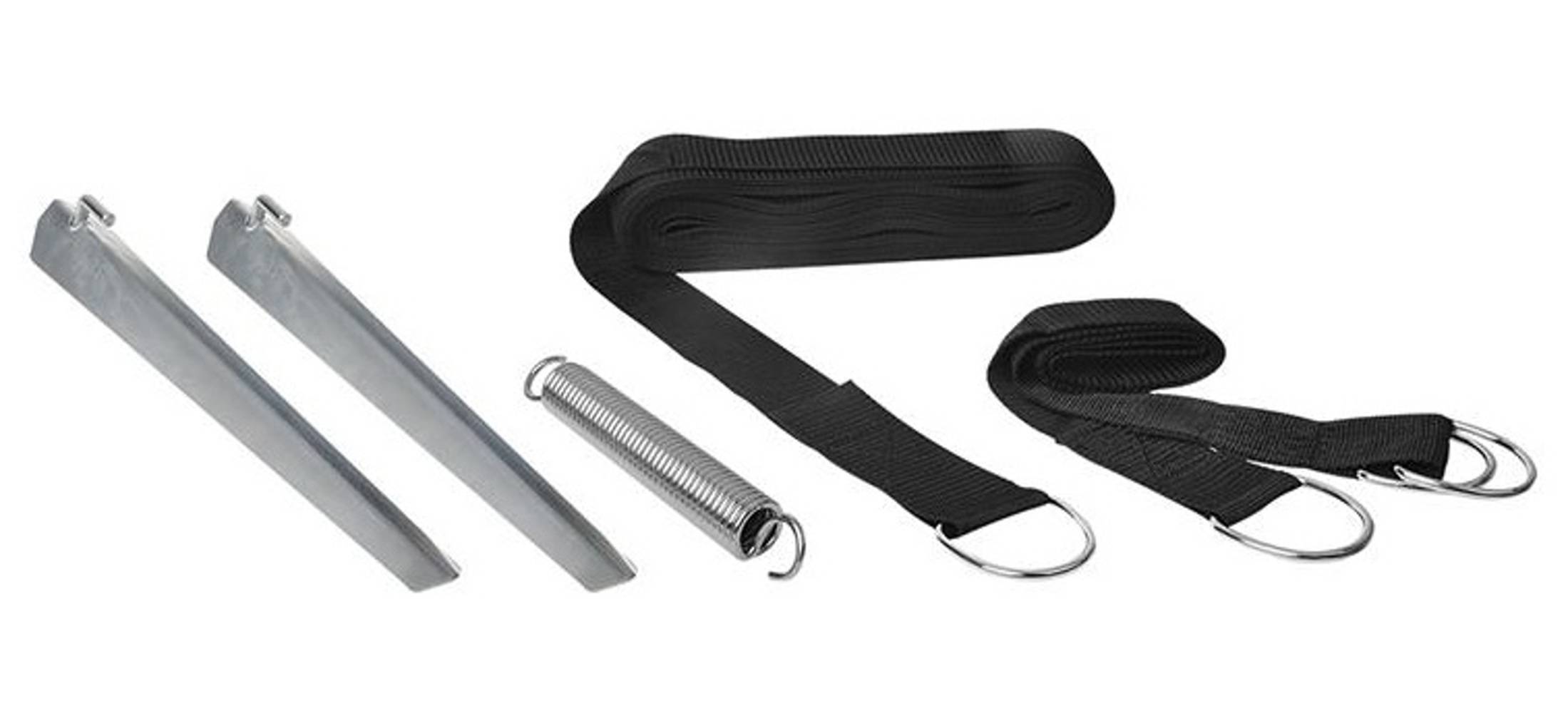 Schwarze Trampolin-Spanngurte mit Metallfedern und Haken zum Befestigen. Das Bild zeigt die Schlüsselkomponenten für den Trampolinaufbau.