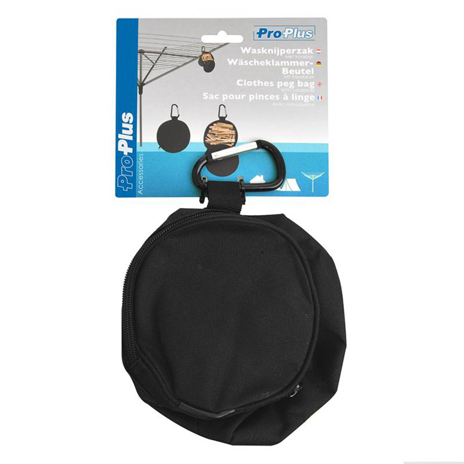 Schwarze runde Wäscheklammertasche mit Clip und Verpackung mit mehrsprachigem Text: 'Wäscheklammerbeutel, Sac pour pinces à linge'.