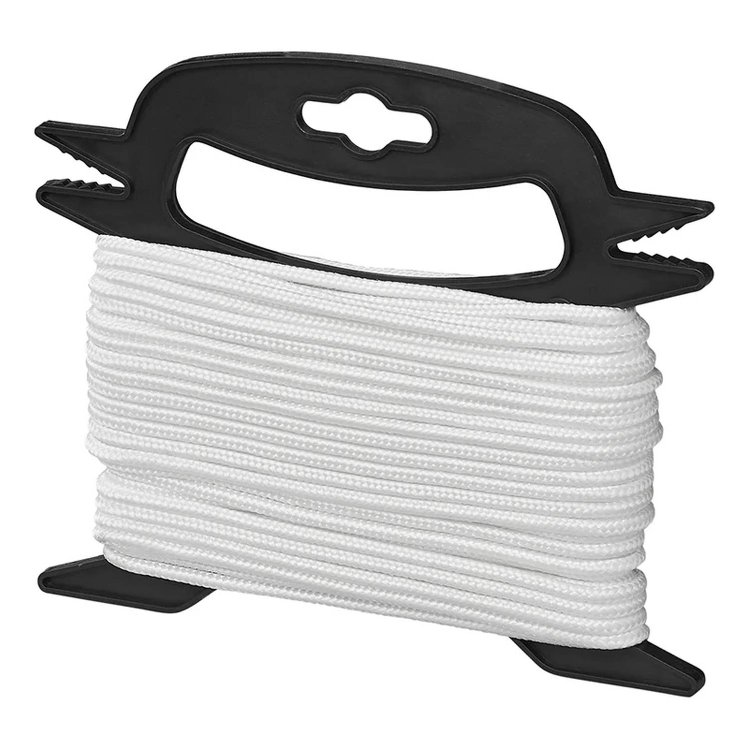 Eine Rolle weißes Seil, gewickelt um eine schwarze Kunststoff-Wickelvorrichtung, entwickelt für einfache Lagerung und Transport.