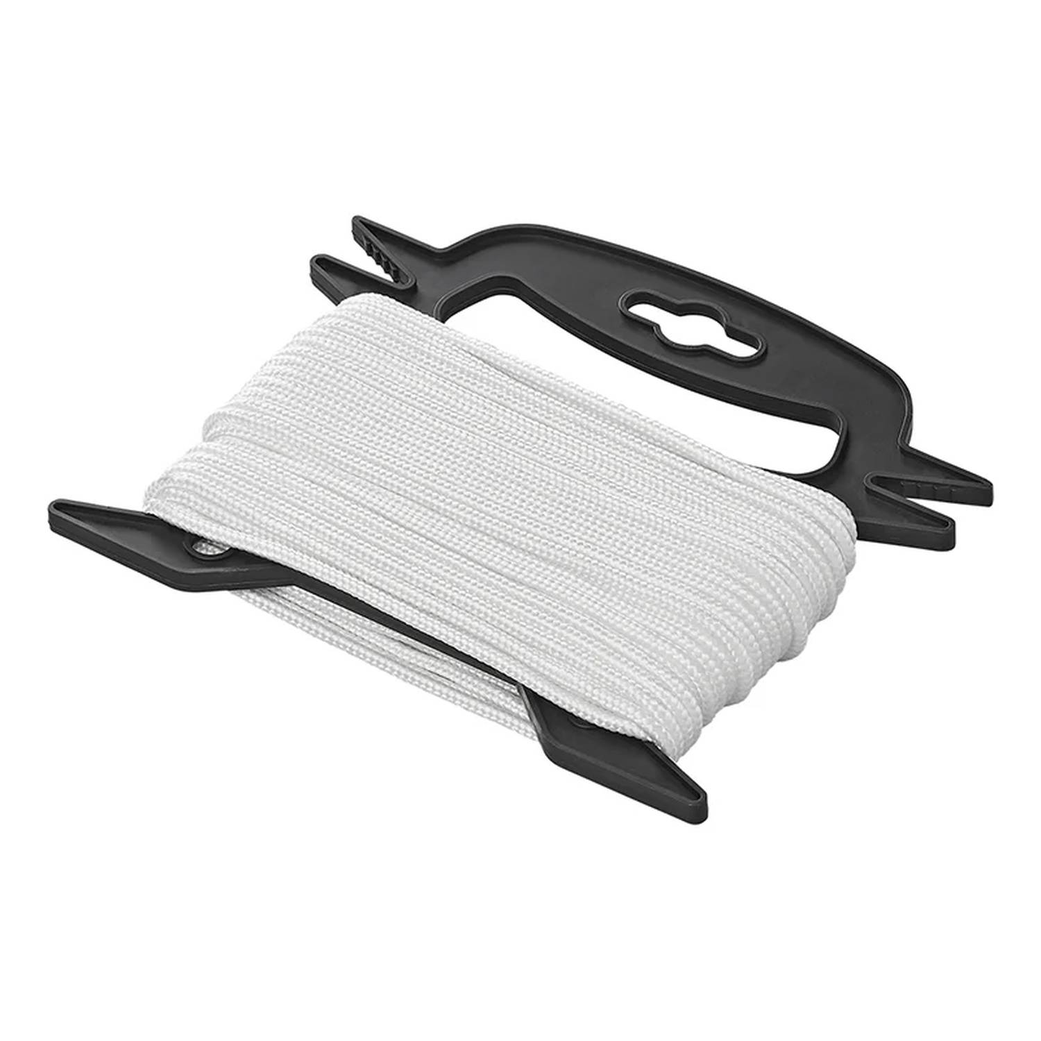 Kunststoff-Spule mit aufgewickeltem weißem Nylonseil, geeignet für Camping oder Zweckdienliches, mit schwarzem Griff zur einfachen Handhabung und Aufbewahrung.