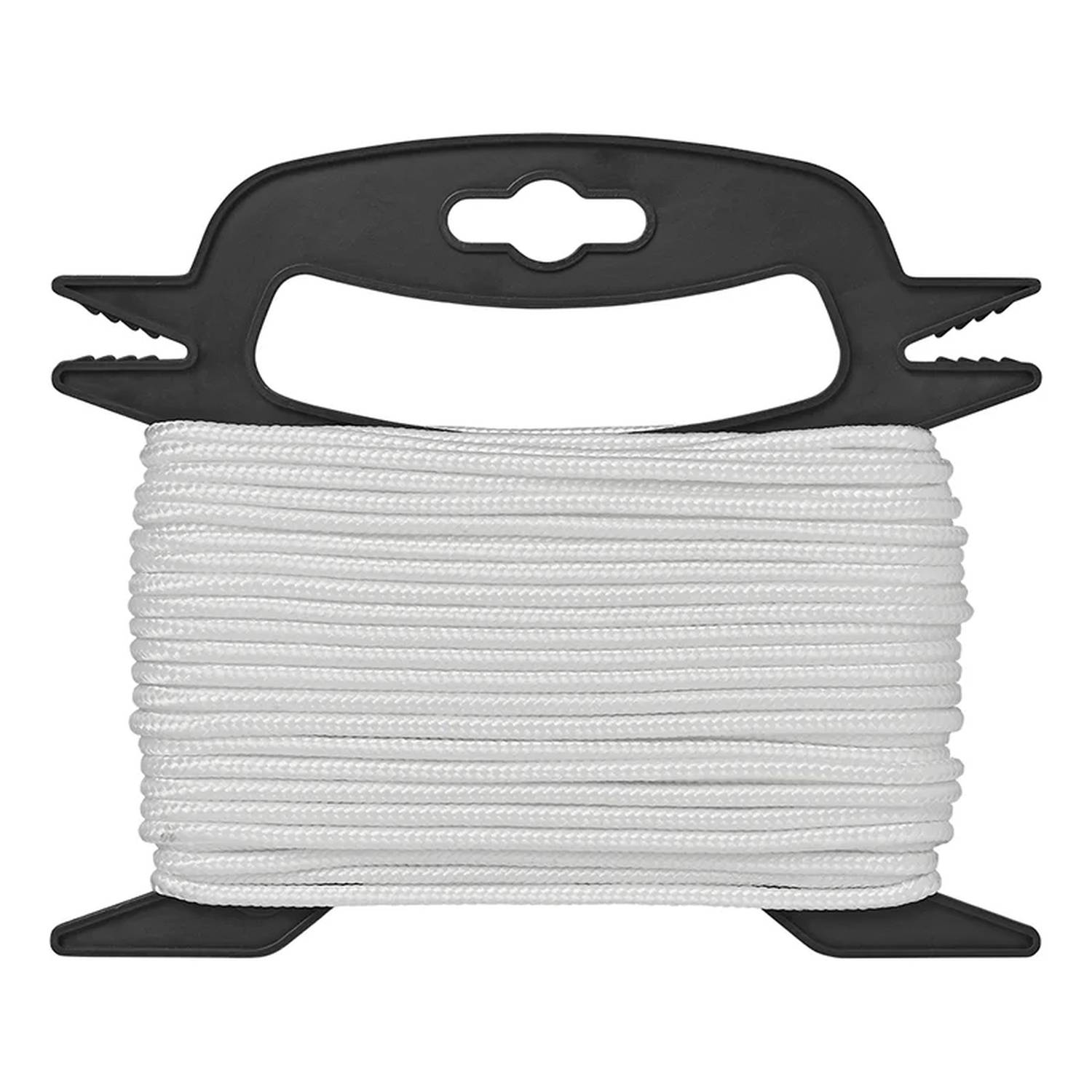 Eine Rolle aus weißem geflochtenen Seil, die um einen schwarzen Kunststoffhalter gewickelt ist, entwickelt für einfache Lagerung und Handhabung.