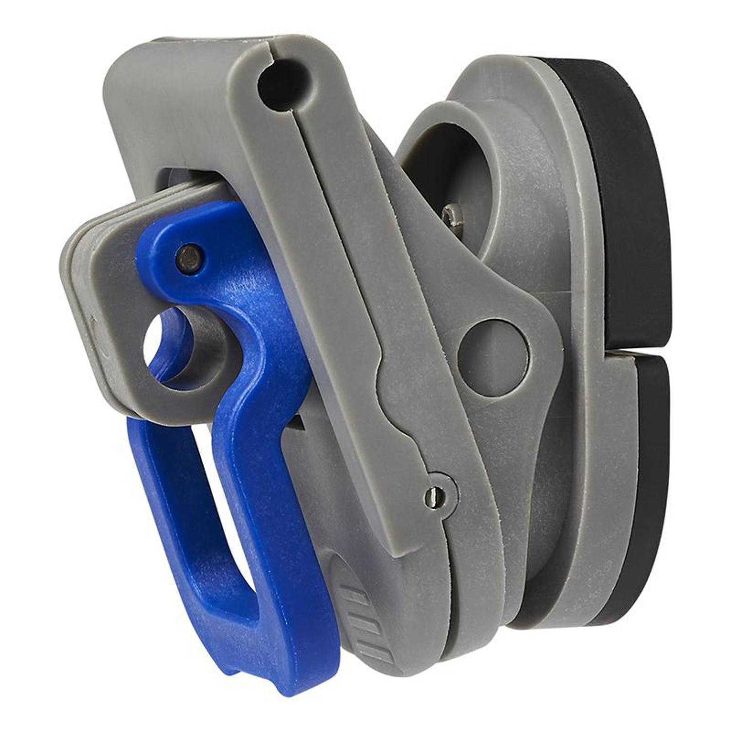 Eine Nahaufnahme einer grauen und blauen Spannzange mit einem Drehverschlussmechanismus, entwickelt zum Sichern oder Festhalten von Gegenständen.