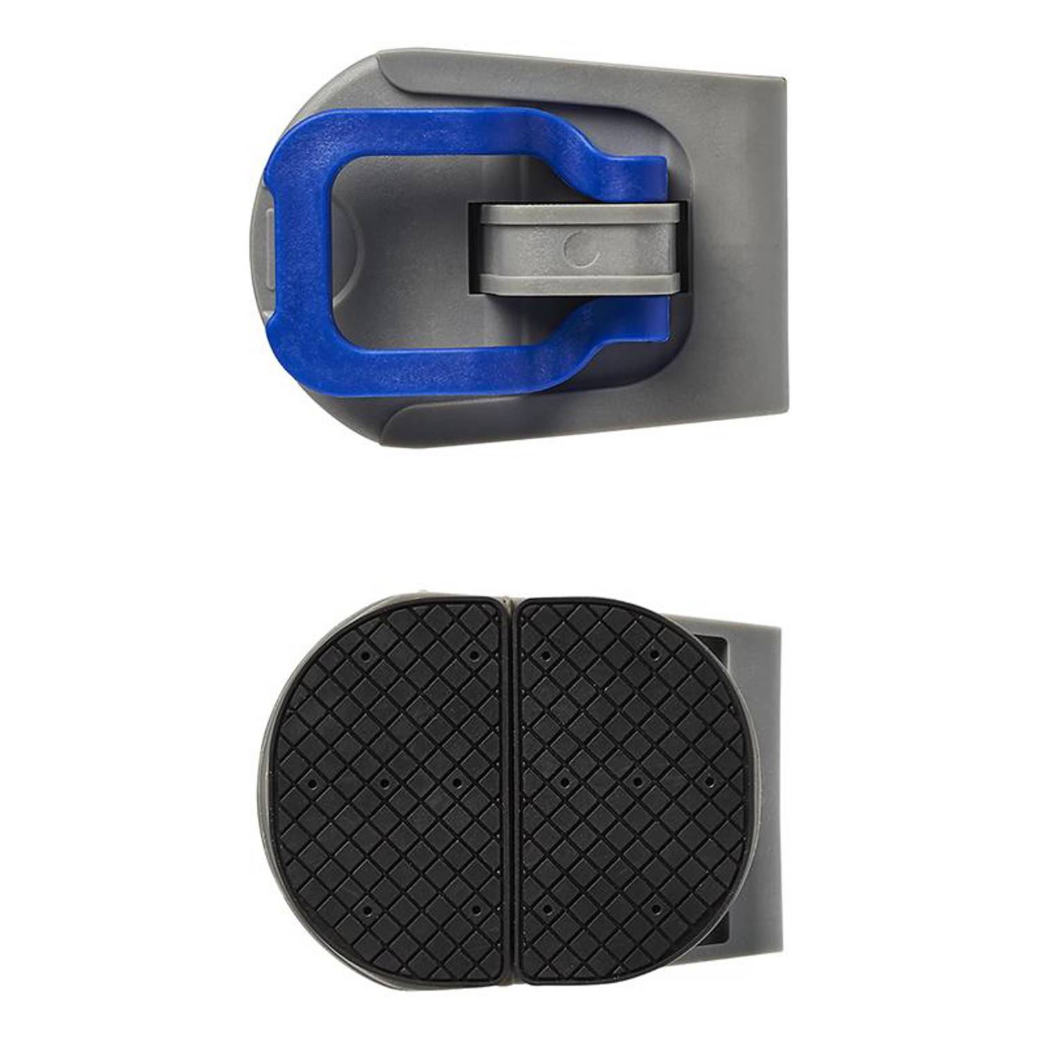 Ein grau-blauer gepolsterter Verschlussmechanismus, von der Seite und von unten gezeigt, mit einer strukturierten Griffoberfläche.