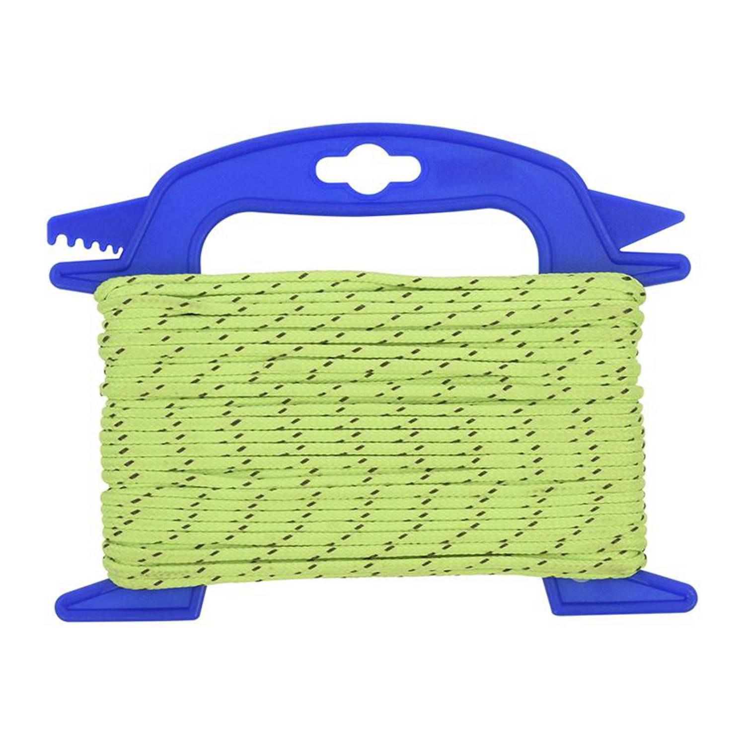 Hellgrünes Seil, ordentlich auf einer blauen Kunststoff-Wickelspule gewickelt, wird zum Organisieren oder sicheren Aufbewahren von Seilen verwendet.