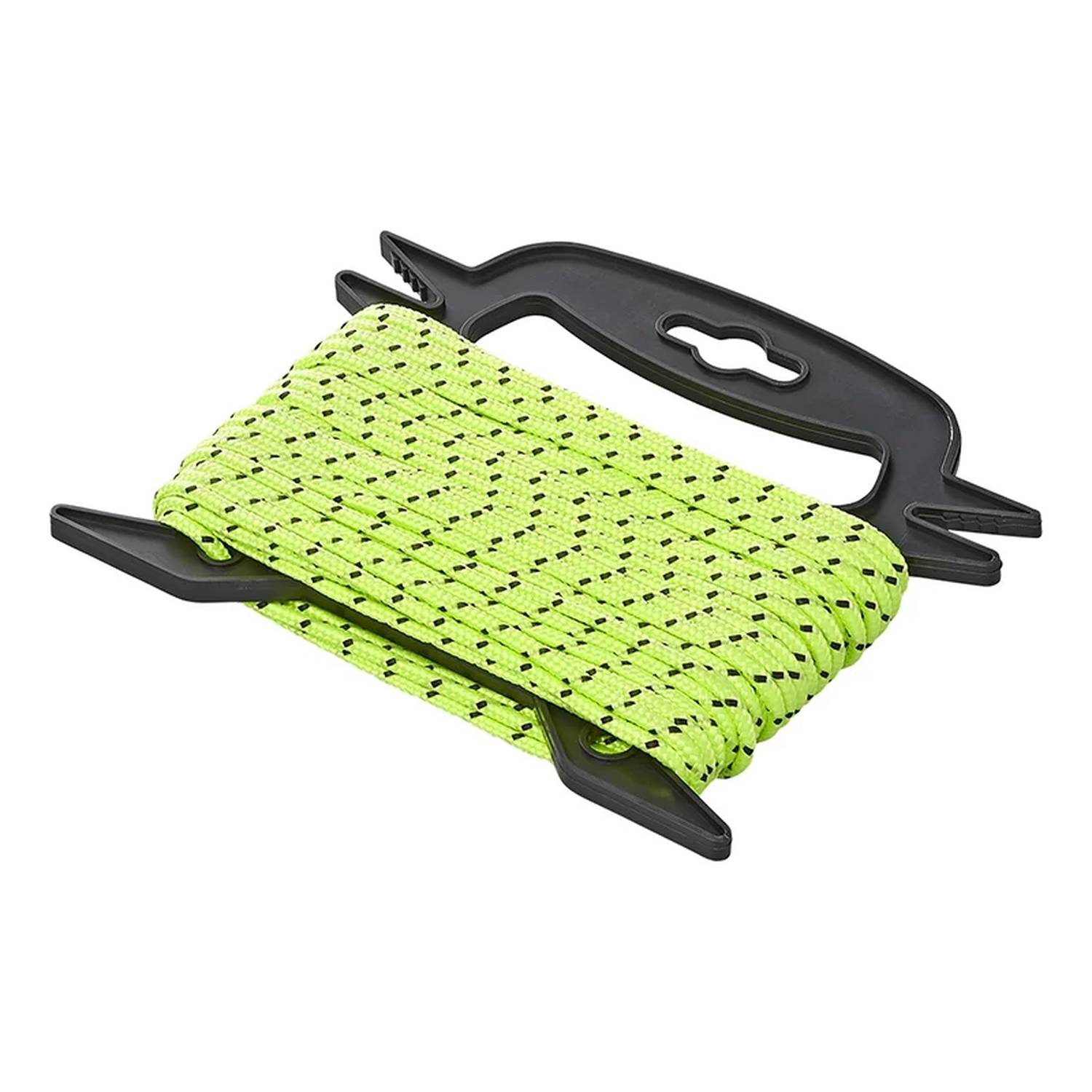 Ein leuchtendes gelbes Seil mit schwarzen Sprenkeln, das um einen schwarzen Kunststoffgriff gewickelt ist, dient zur Organisation oder zum einfachen Transport des Seils.