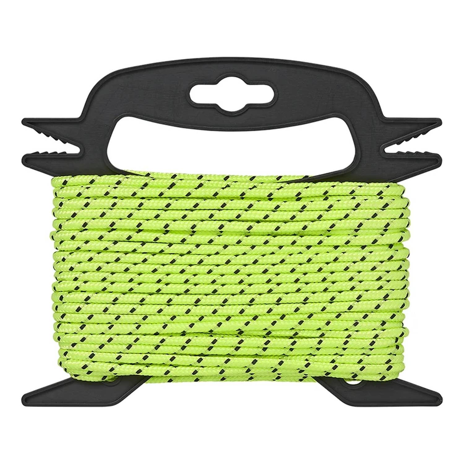 Ein Bündel hellgelbes Nutzseil, das um eine schwarze Spule mit Griff gewickelt ist.