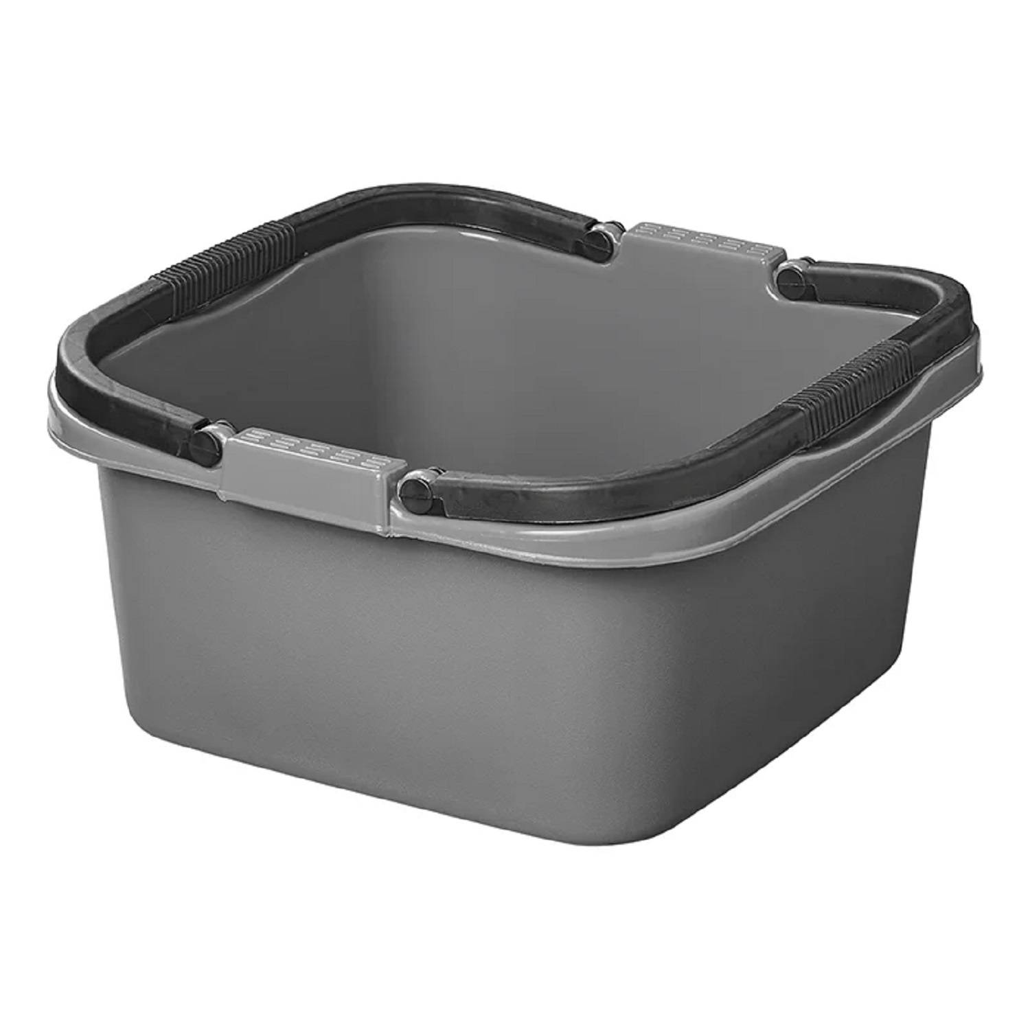 Ein grauer rechteckiger Aufbewahrungsbehälter mit schwarzen Griffen an beiden Seiten.