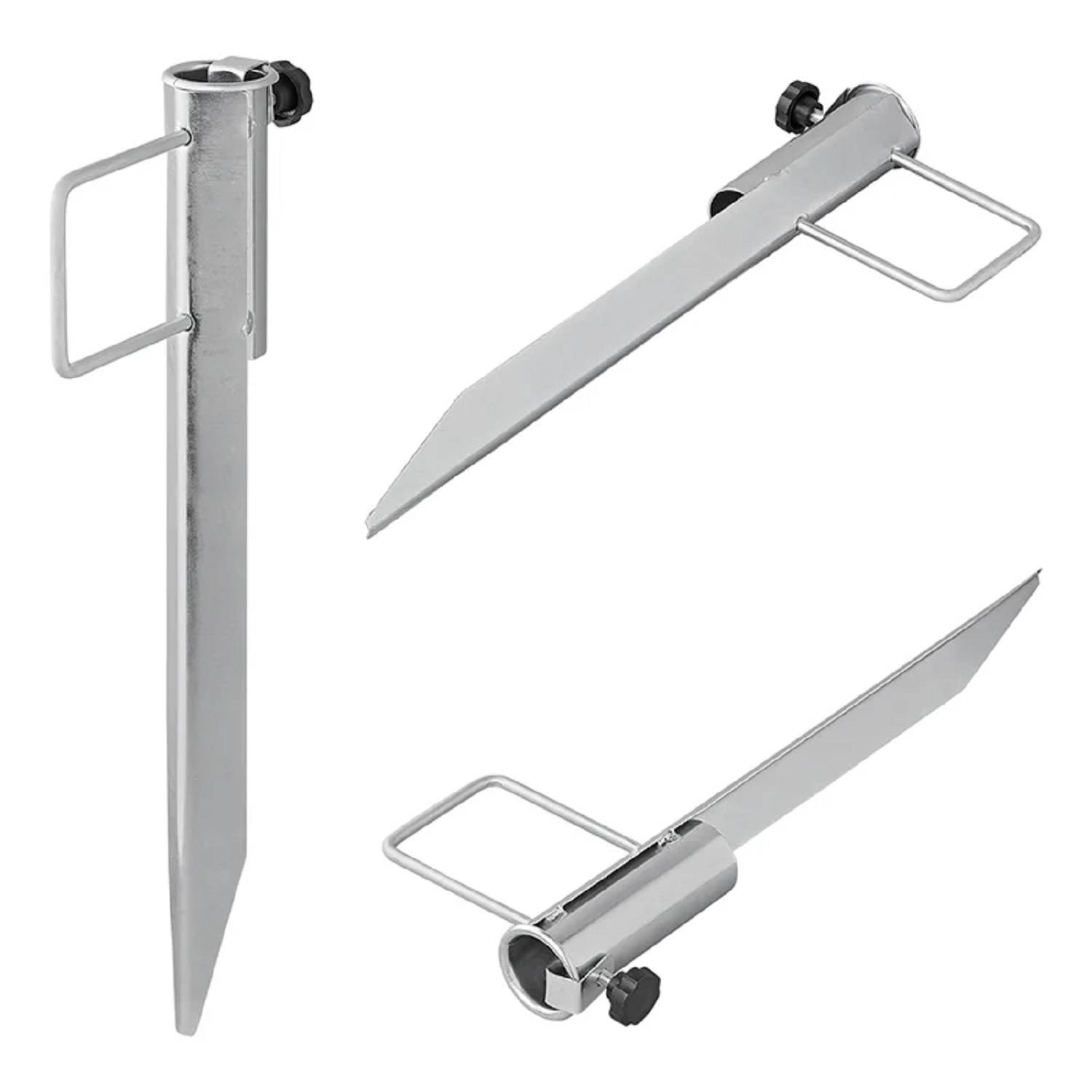 Stahlboden-Erdspieß mit Griff, aus drei Blickwinkeln dargestellt. Er verfügt über ein spitzes Ende für einfaches Einsetzen in den Boden und einen seitlichen Griff für bessere Hebelwirkung.