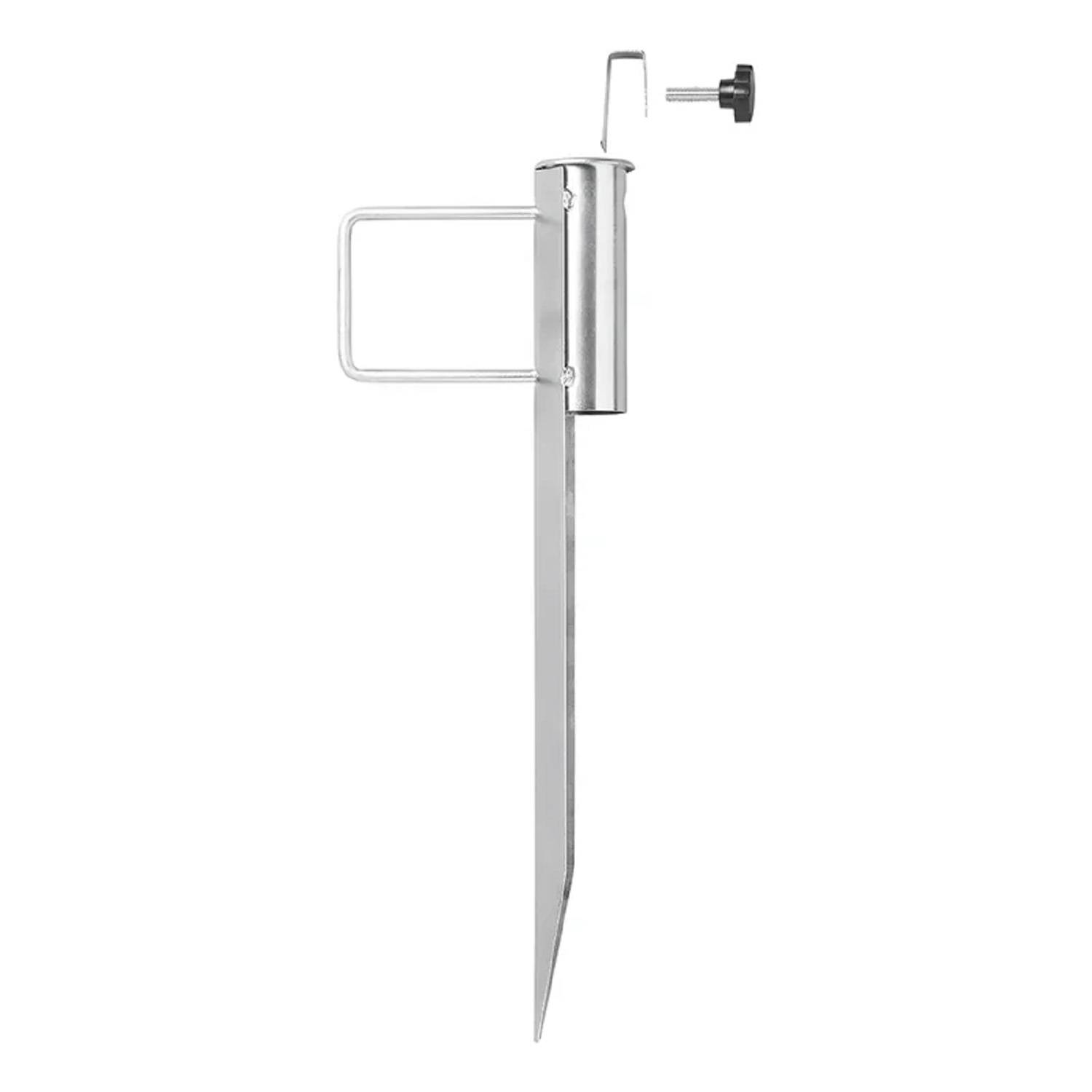 Metallpflock mit Griff und Schraubmechanismus, wahrscheinlich zum Verankern oder Befestigen von Gegenständen im Boden verwendet.