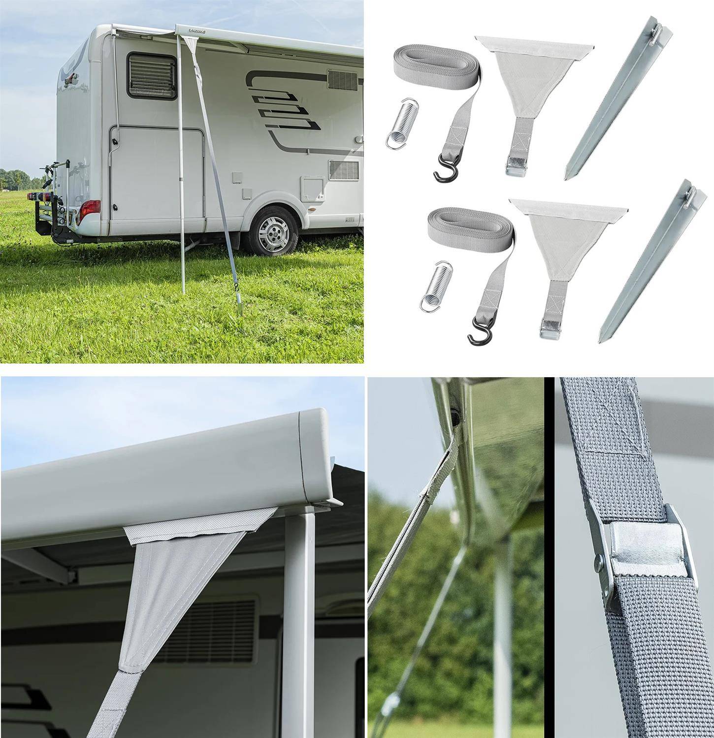 Wohnmobil mit angehängtem Vorzelt, gesichert durch Spannriemen und Heringe. Vier Heringe, Spannriemen und Haken für den Vorzeltaufbau gezeigt. Grasfeldumgebung.