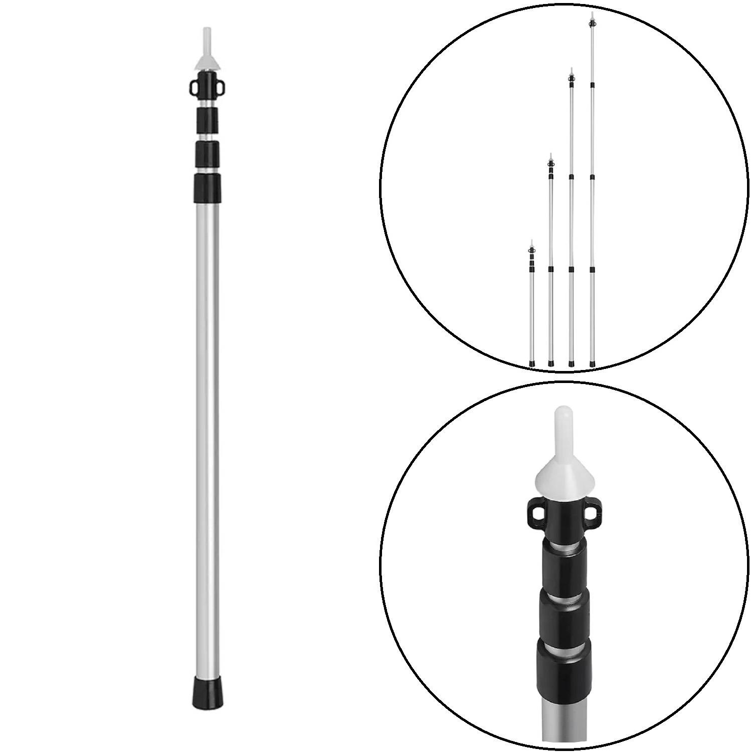 Eine ausziehbare Silberstange mit schwarzen Gelenken, in Seitenansicht sowohl vollständig eingezogen als auch ausgefahren dargestellt. Eine Nahaufnahme zeigt den Verschlussmechanismus.