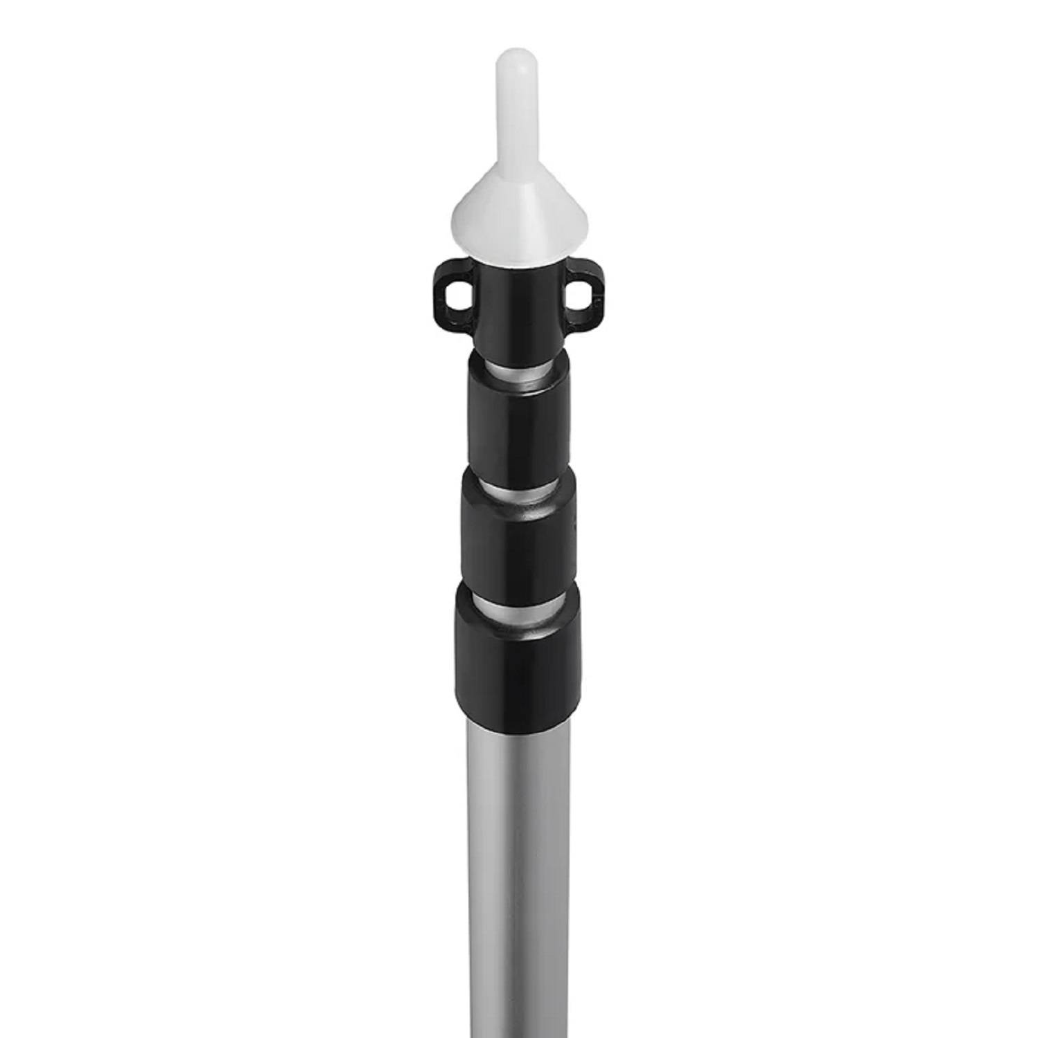 Eine Teleskopstange mit mehreren schwarzen Segmenten und einer weißen Spitze, die sich nach oben erstreckt.