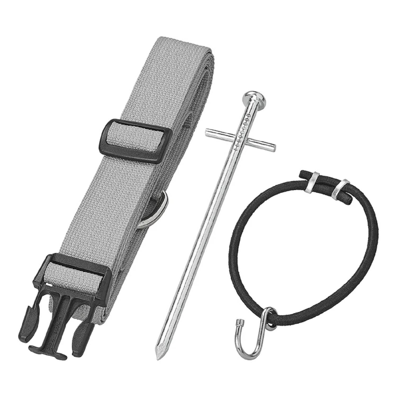 Ein grauer Riemen mit einer Schnalle, ein Metallstift und ein schwarzes Spanngummi mit Haken, wahrscheinlich Komponenten zum Befestigen oder Stabilisieren von Gegenständen.