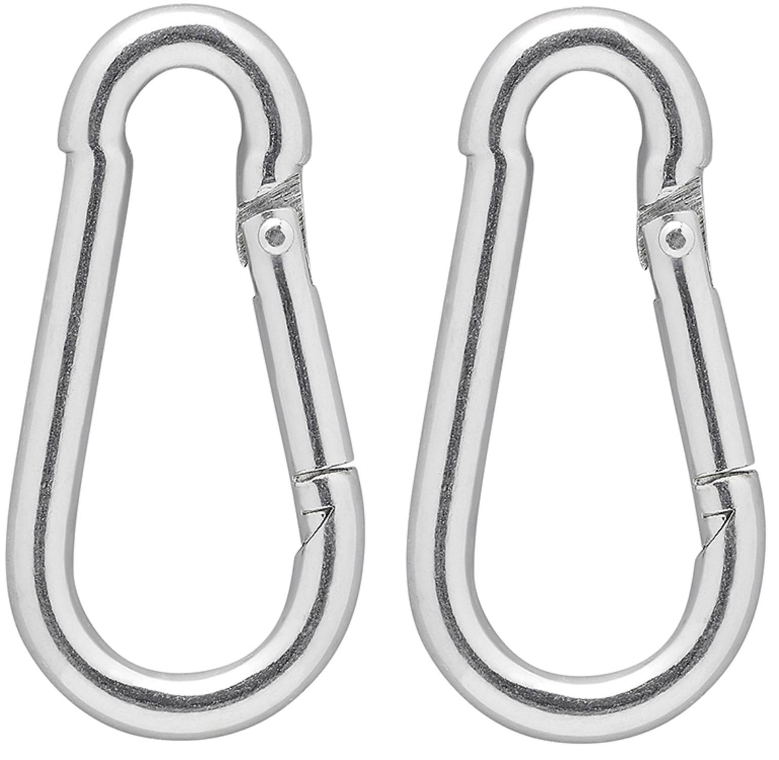 Zwei silberne Karabiner nebeneinander auf einem weißen Hintergrund.