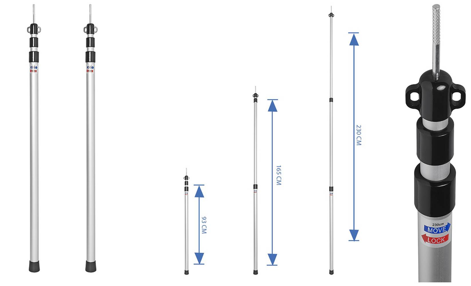 Teleskopstange in drei Stufen: 93 cm zusammengefaltet, 165 cm bei Zwischenausdehnung, 280 cm vollständig ausgefahren, mit blauen Pfeilen zur Höhenangabe.