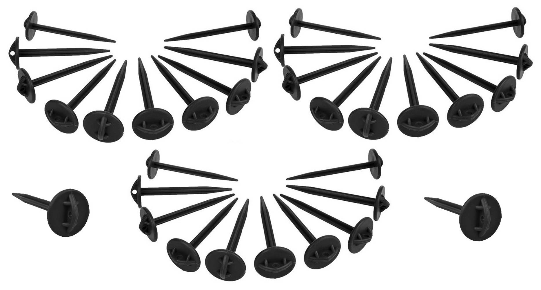 Schwarze Kunststoffbefestigungen in einer kreisförmigen Anordnung, jede mit einem langen spitzen Dorn und einem flachen Kopf, typischerweise verwendet zum Befestigen von Materialien.