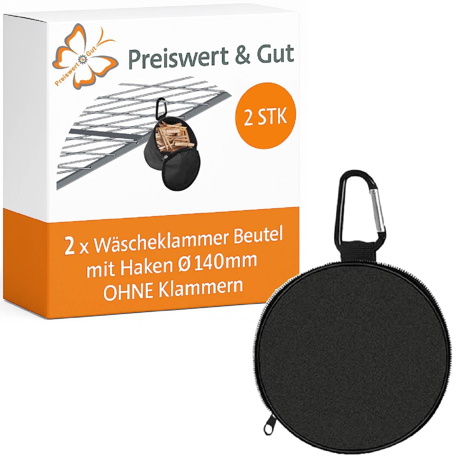 Preiswert & Gut' Wäschetasche mit Haken, zwei Stück enthalten, 140 mm Durchmesser ohne Klammern, in Verpackung mit Produktabbildung dargestellt.