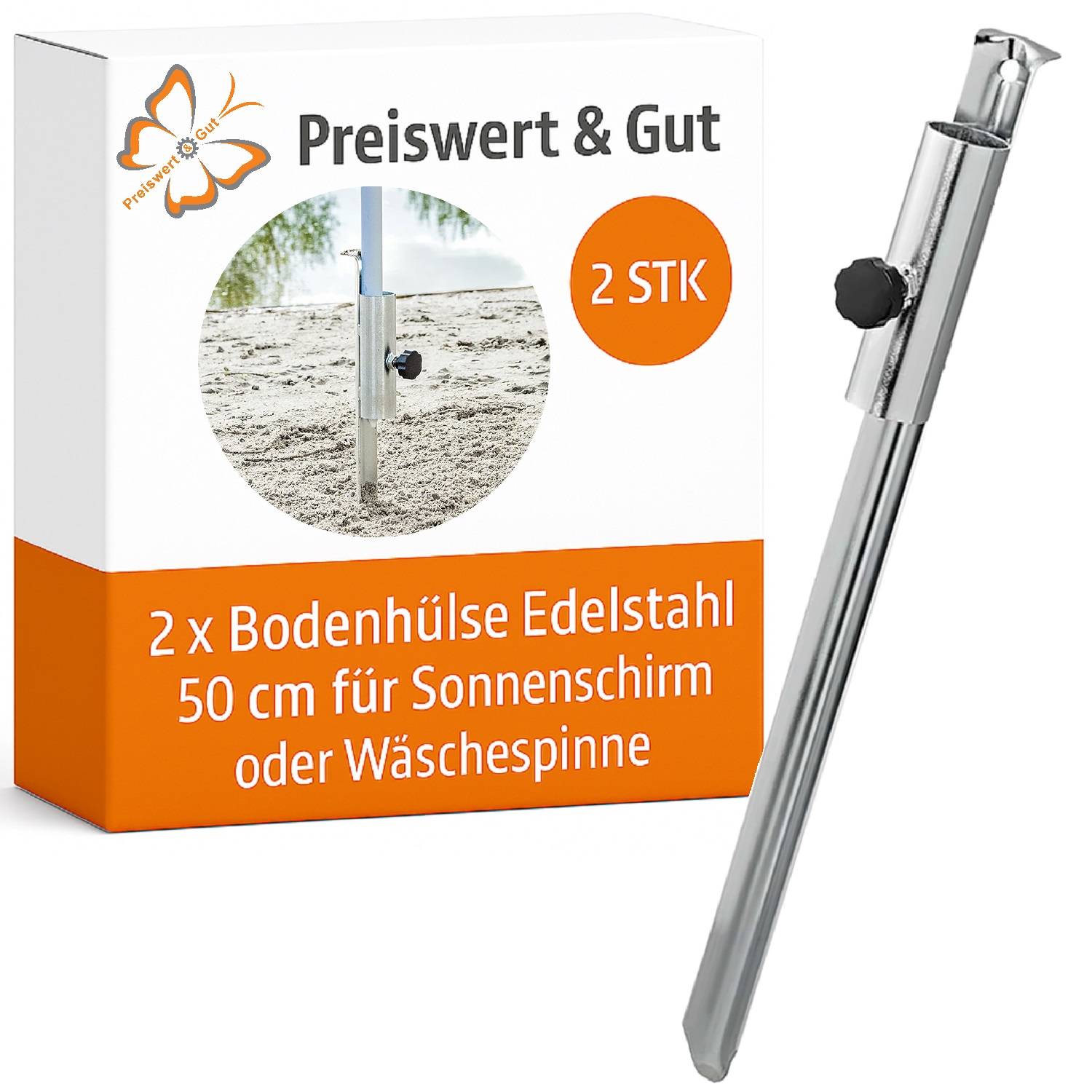 Paket für eine Bodenhülse aus Edelstahl für Sonnenschirme oder Wäscheleinen, enthält zwei Stücke, je 50 cm. Bilder zeigen die Produktverwendung.