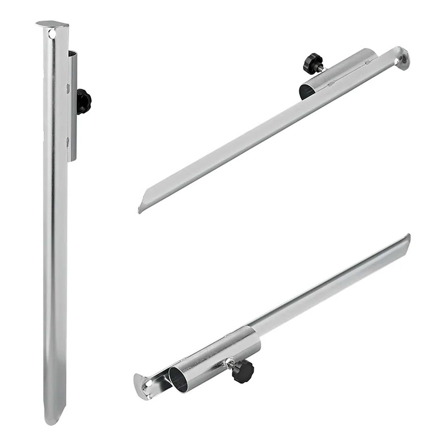 Silberne Metallzaunzubehörteile, die vor einem weißen Hintergrund ausgestellt sind; umfasst Werkzeuge zur Installation oder Anpassung.