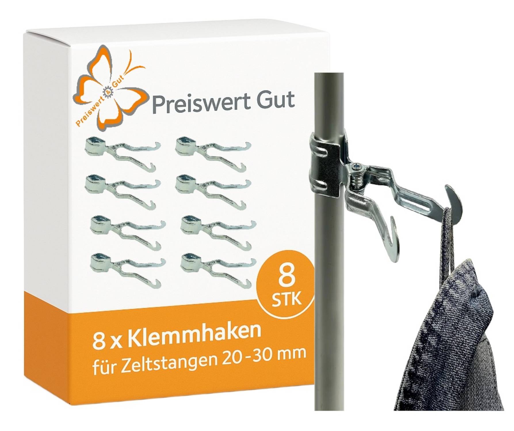 8 Klemmhaken für Stangen 20-30 mm. Box mit acht Clips und einem Anwendungsbeispiel an einem Stab. Markenlogo mit einem Schmetterling.