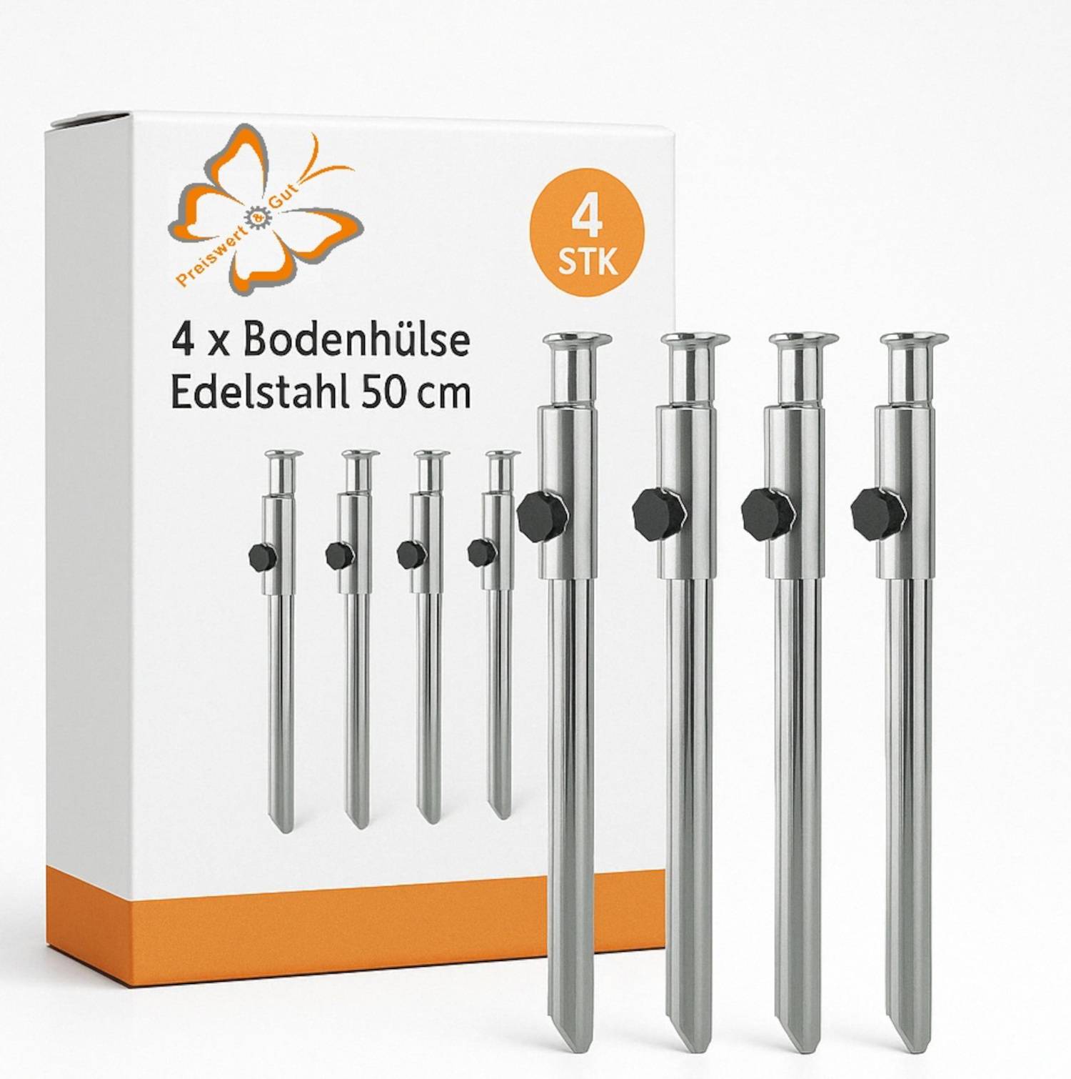 Karton mit 4 Bodenhülsen aus Edelstahl, 50 cm lang, mit 4 einzelnen Hülsen, die davor ausgelegt sind.