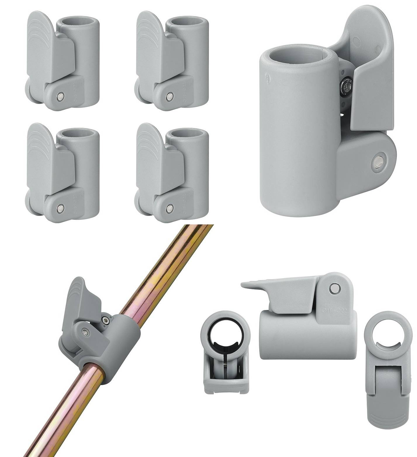 Graue Rohrklemmen zum Befestigen von Stangen, aus verschiedenen Winkeln und Positionen gezeigt: an einer Stange, geöffnet, geschlossen und neben einer messingfarbenen Stange.