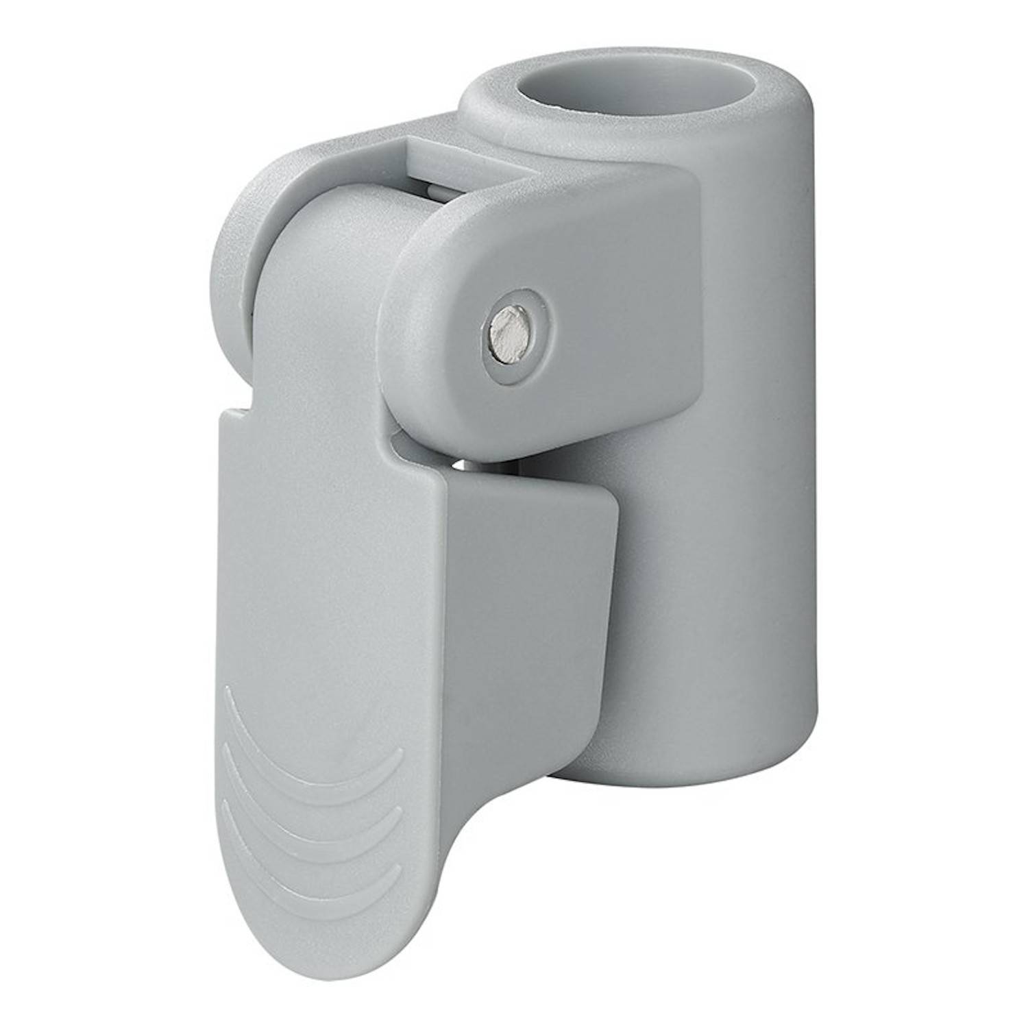 Eine graue Kunststoffscharnierverbindung mit einem runden Bügel und Hebel, die zum Verbinden von Teilen bei der Möbel- oder Gerätemontage verwendet wird.