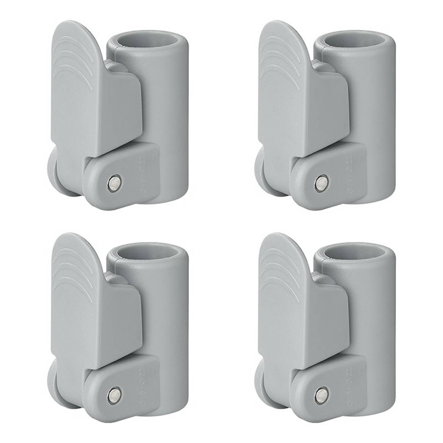 Vier identische graue Clips mit einer zylindrischen Form und einem Gelenkmechanismus sind in einer quadratischen Anordnung vor einem weißen Hintergrund platziert.