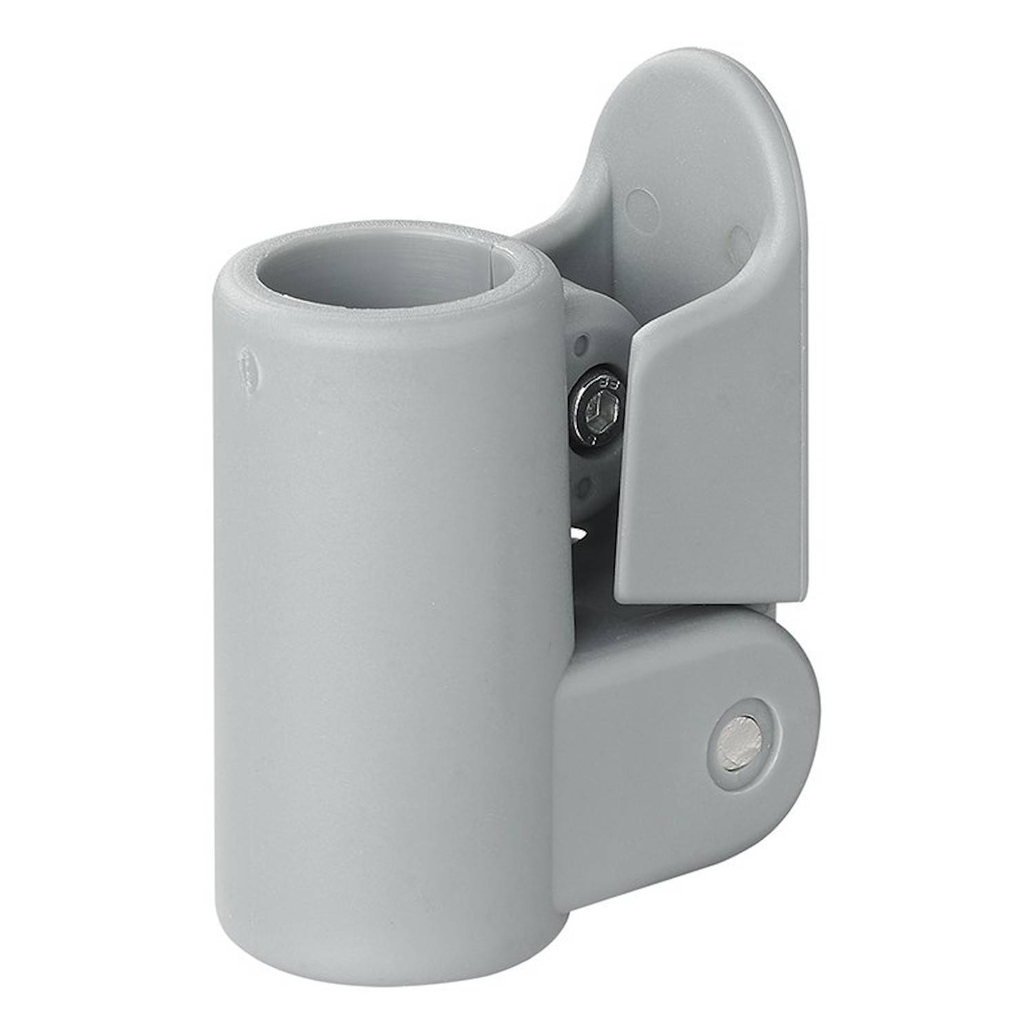 Ein grauer Kunststoff-Haltewinkel mit einer zylindrischen Öffnung, der zum Verbinden oder Befestigen eines Stabes oder Rohres an einer Oberfläche konzipiert ist.