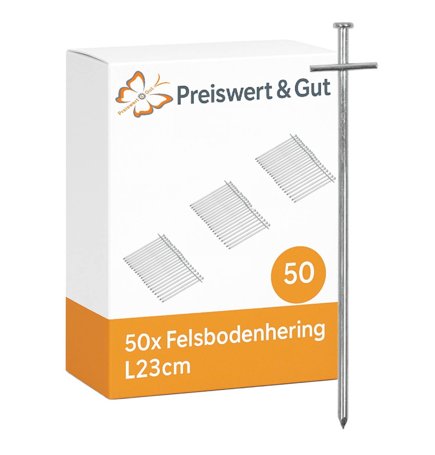 Karton mit Aufschrift 'Preiswert & Gut 50x Felsbodenhering L23cm' mit einem Bild von Stahlheringen; einer separat rechts daneben gezeigt.