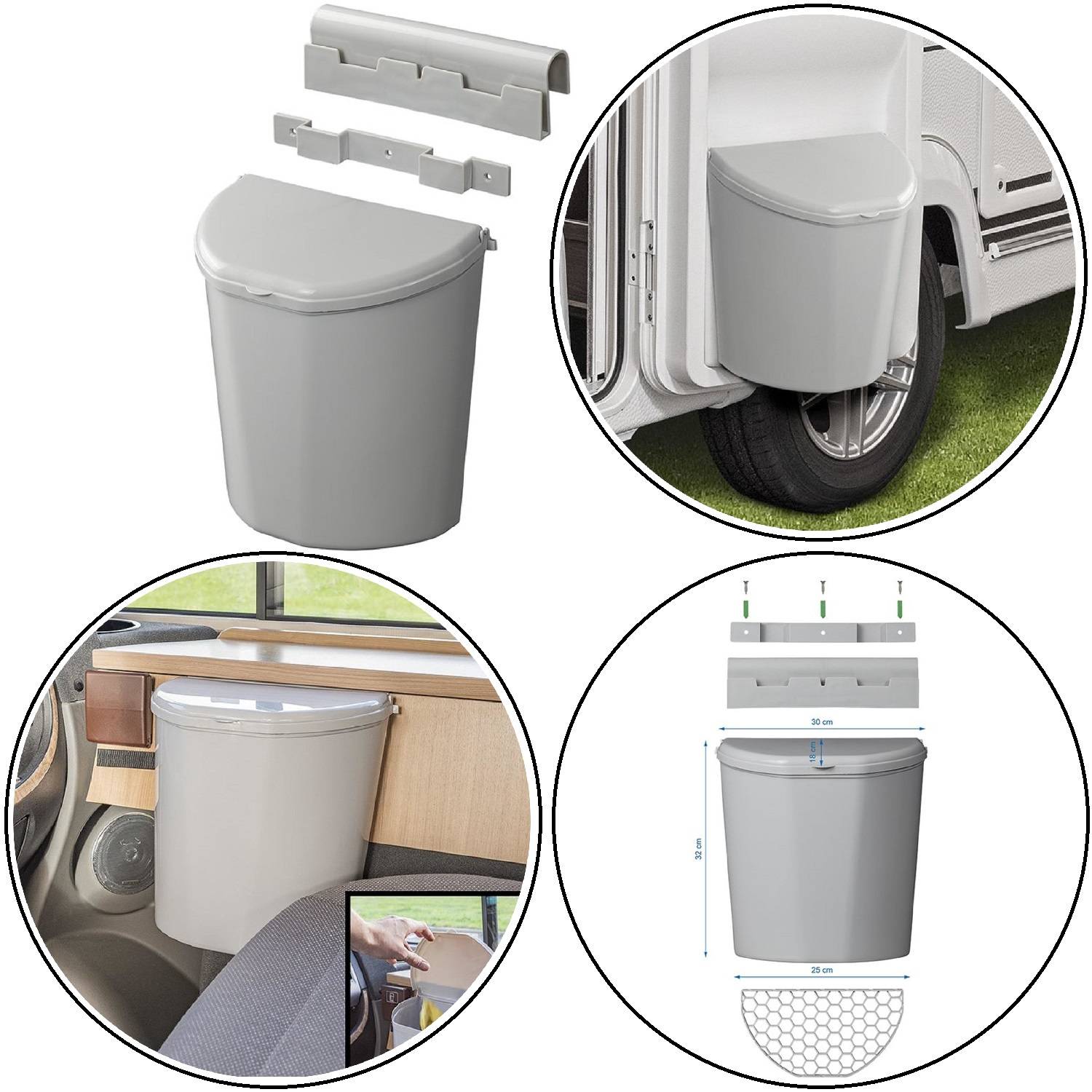 Collage, die einen grauen Abfalleimer aus verschiedenen Winkeln zeigt, montiert in einer Fahrzeugtür, mit Befestigungsmaterial und einem 30-cm-Maßstabsführer.
