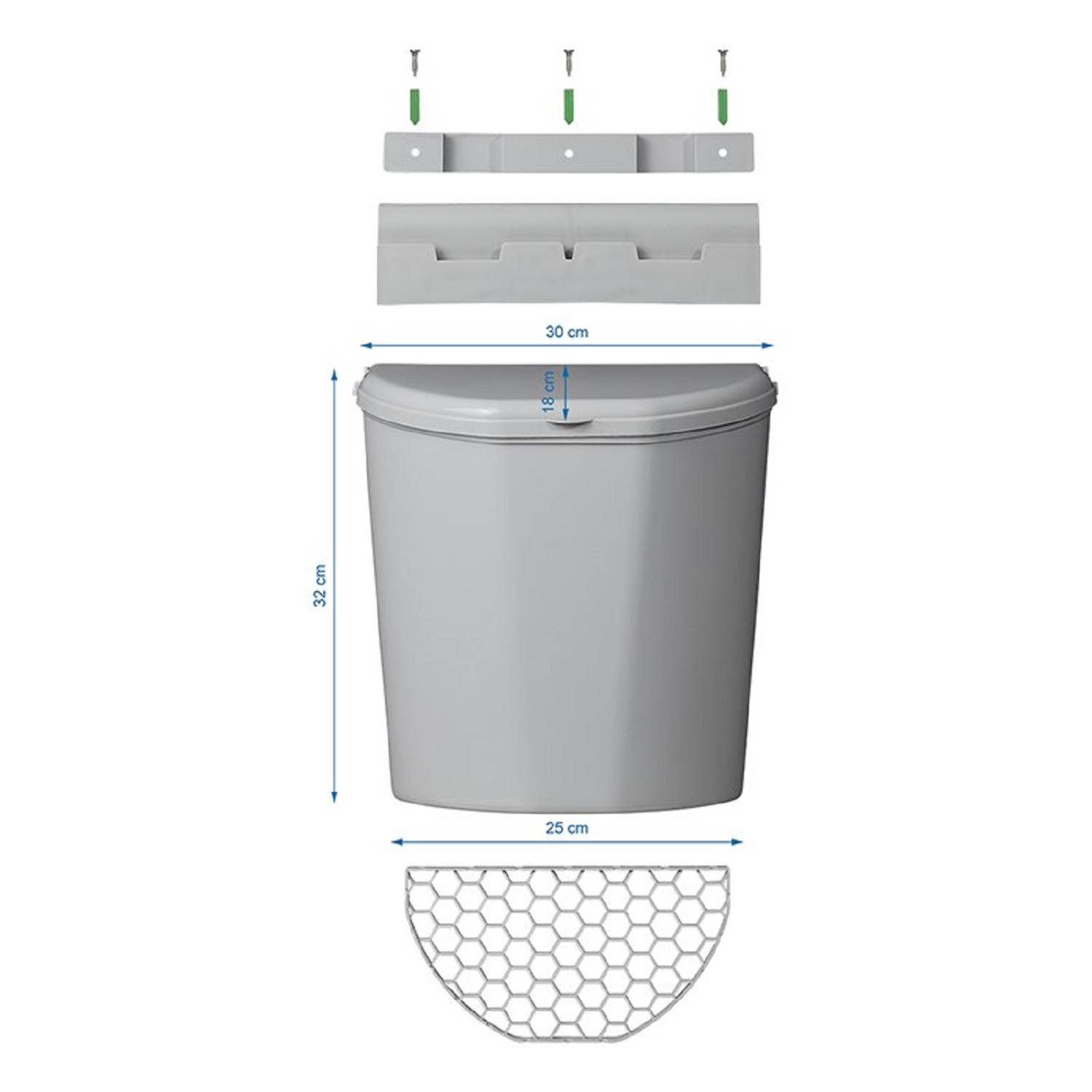 An der Wand montierter grauer Küchen-Mülleimer mit Deckel, 30 cm breit und 22 cm hoch, inklusive Befestigungsmaterial und sechseckigem Gittermuster.