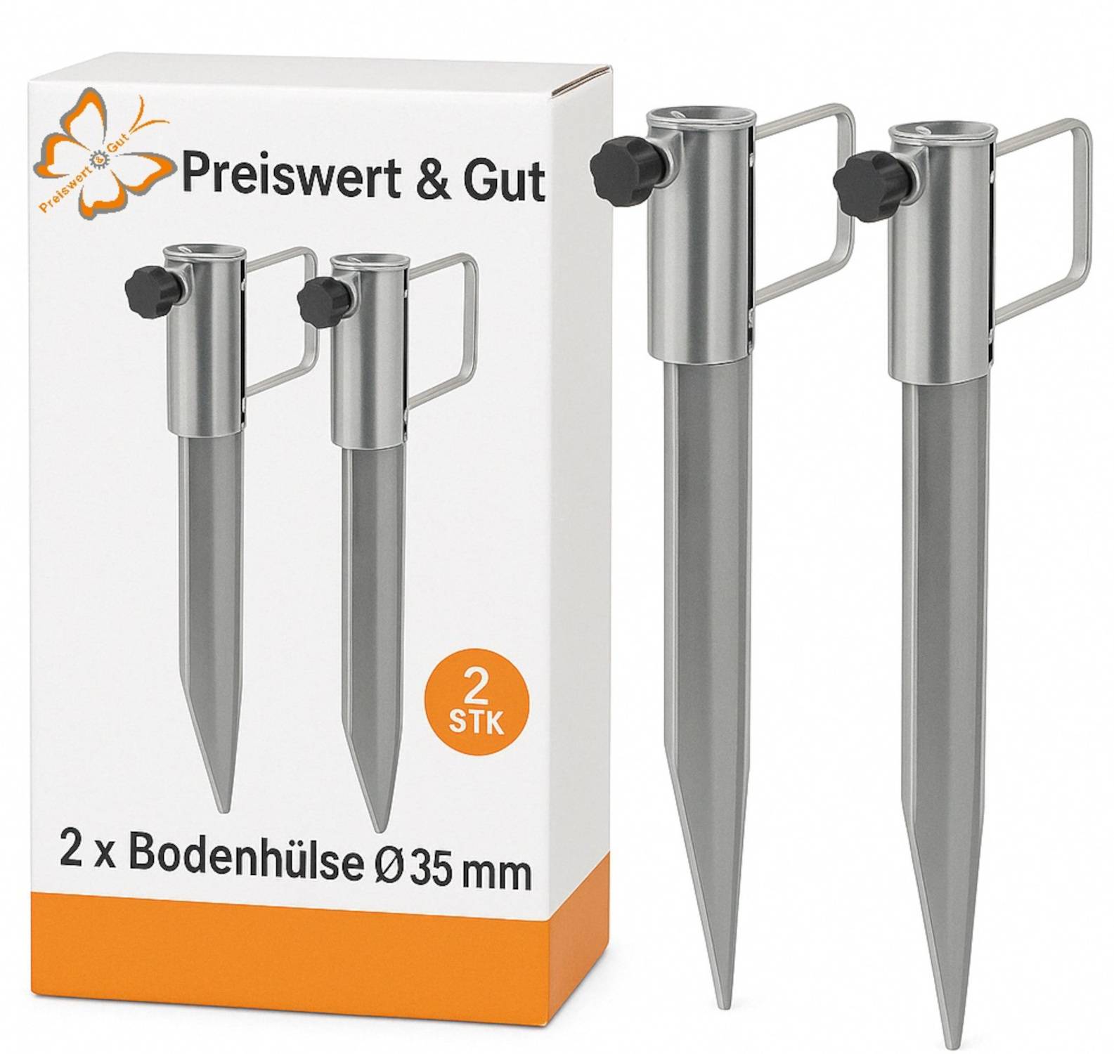 Karton mit zwei Metallbodenhülsen für Pfosten, mit orangefarbenem Schmetterlings-Logo und dem Text 'Preiswert & Gut, 2 x Bodenhülse Ø 35 mm