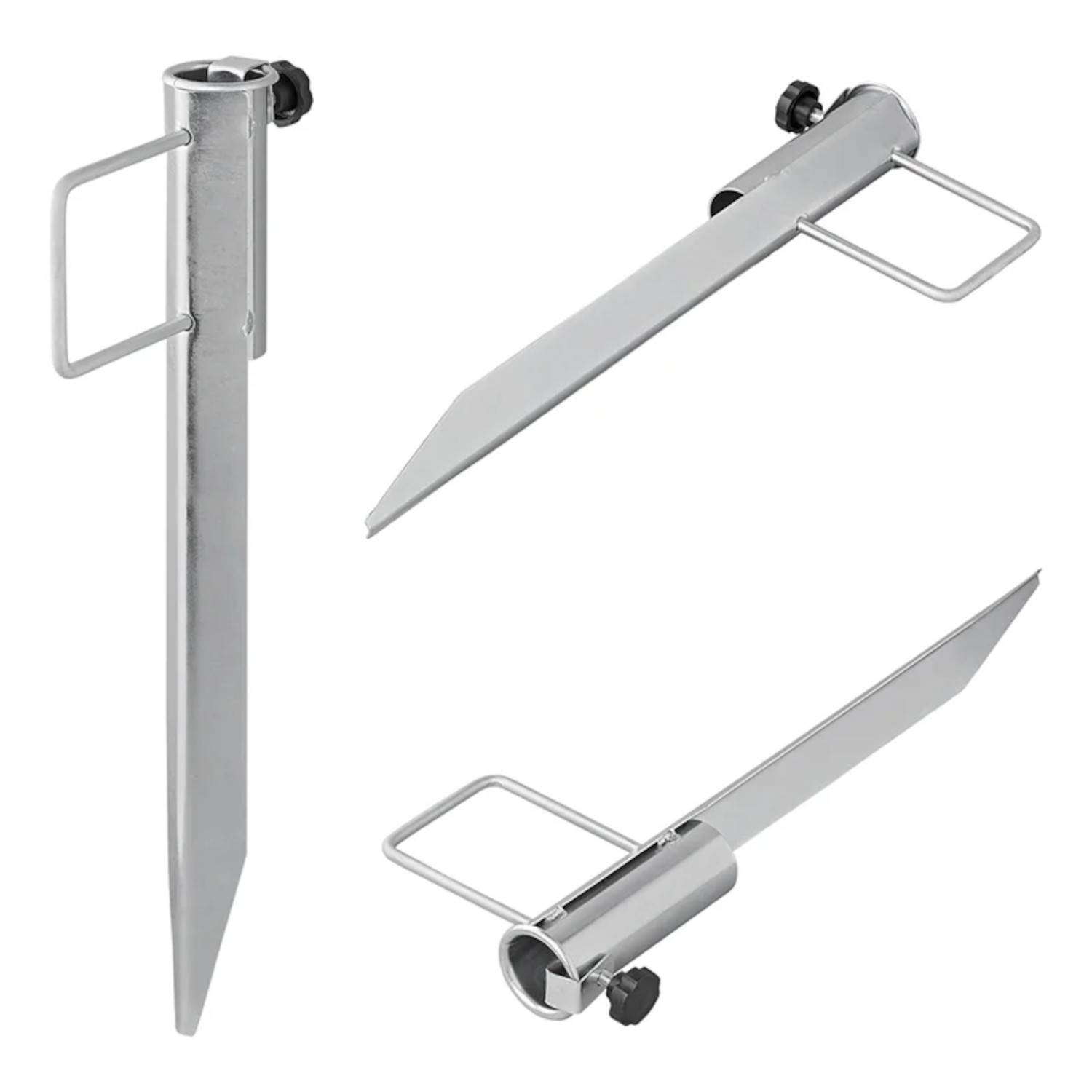 Metallerdanker mit seitlichen Griffen und verstellbarer Schraube, aus drei verschiedenen Winkeln dargestellt. Verwendet zum Befestigen von Gegenständen in Außenbereichen.