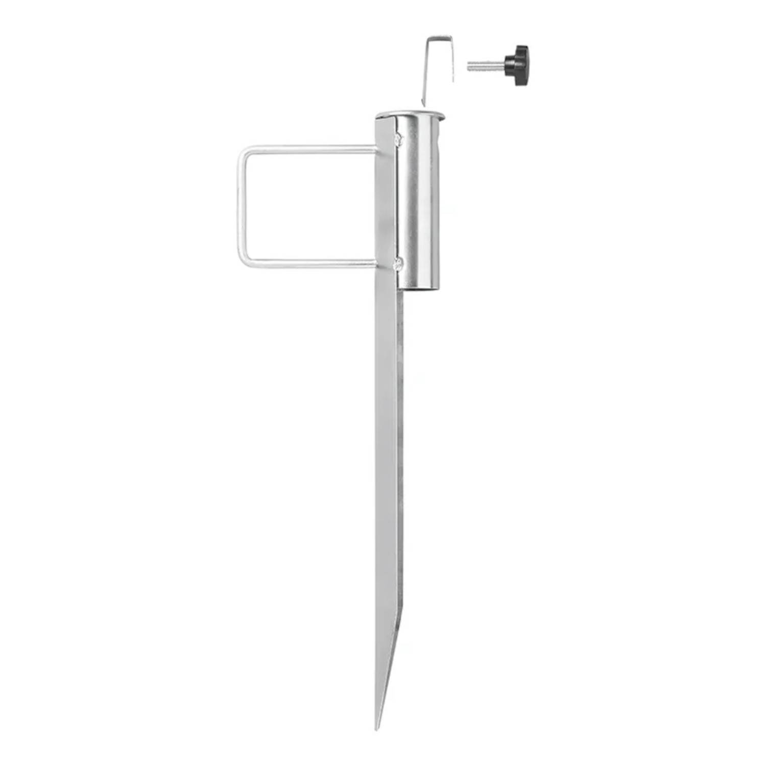 Metallischer Erdpflock mit Griff und oberer Kurbel, konzipiert zur Stabilisierung von Außenausrüstung oder Strukturen.