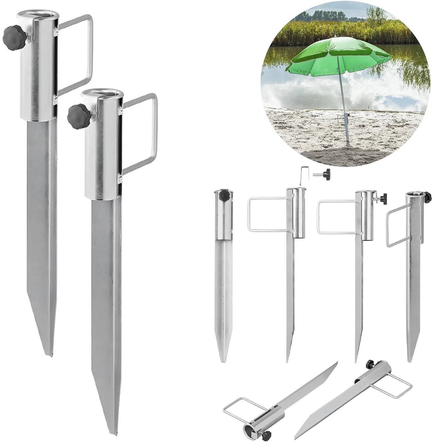 Metallische Sand-Anker-Heringe für Sonnenschirme werden präsentiert, mit einer Detailansicht, die einen am Strand befestigten Sonnenschirm zeigt. Ideal für Stabilität im Sand.