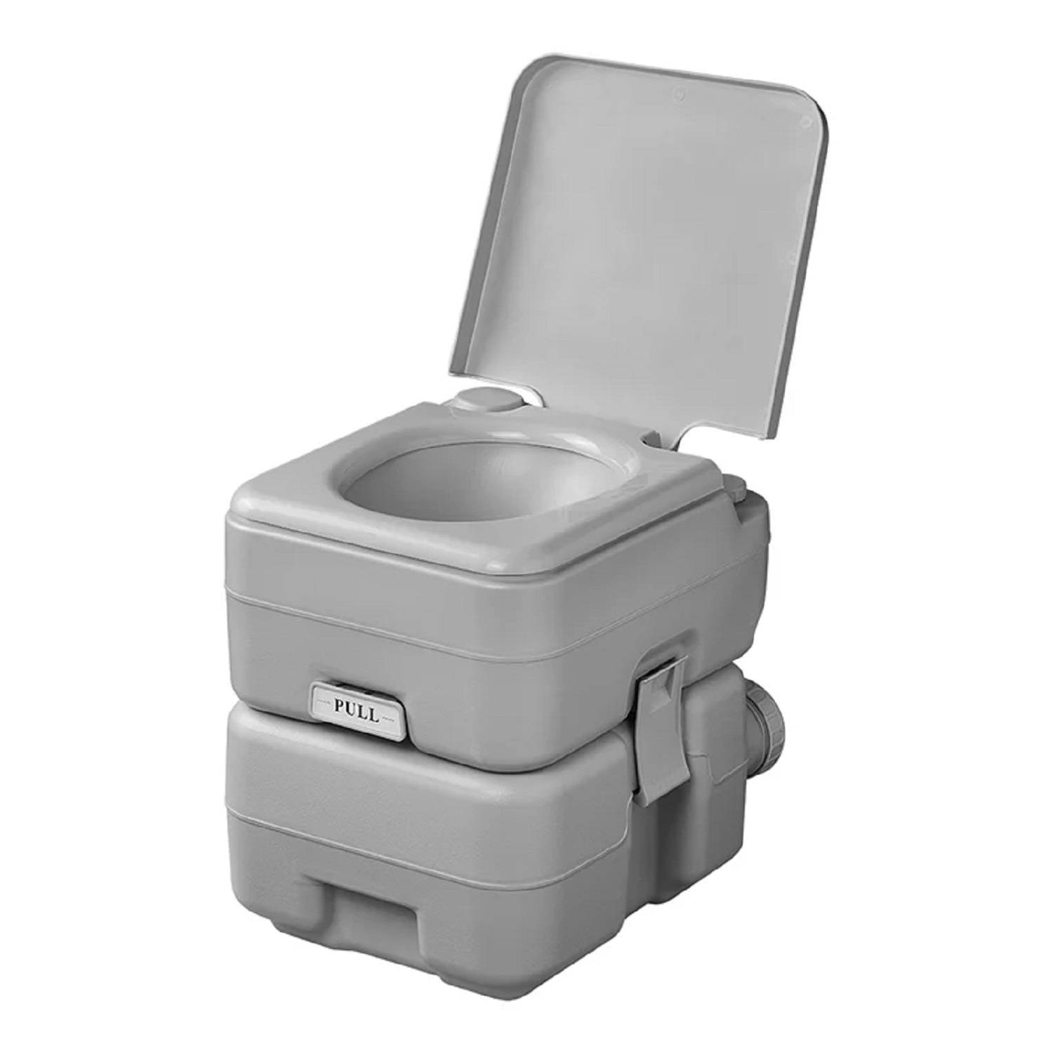 Tragbare Campingtoilette, grau, mit Deckel und Fußpumpe.