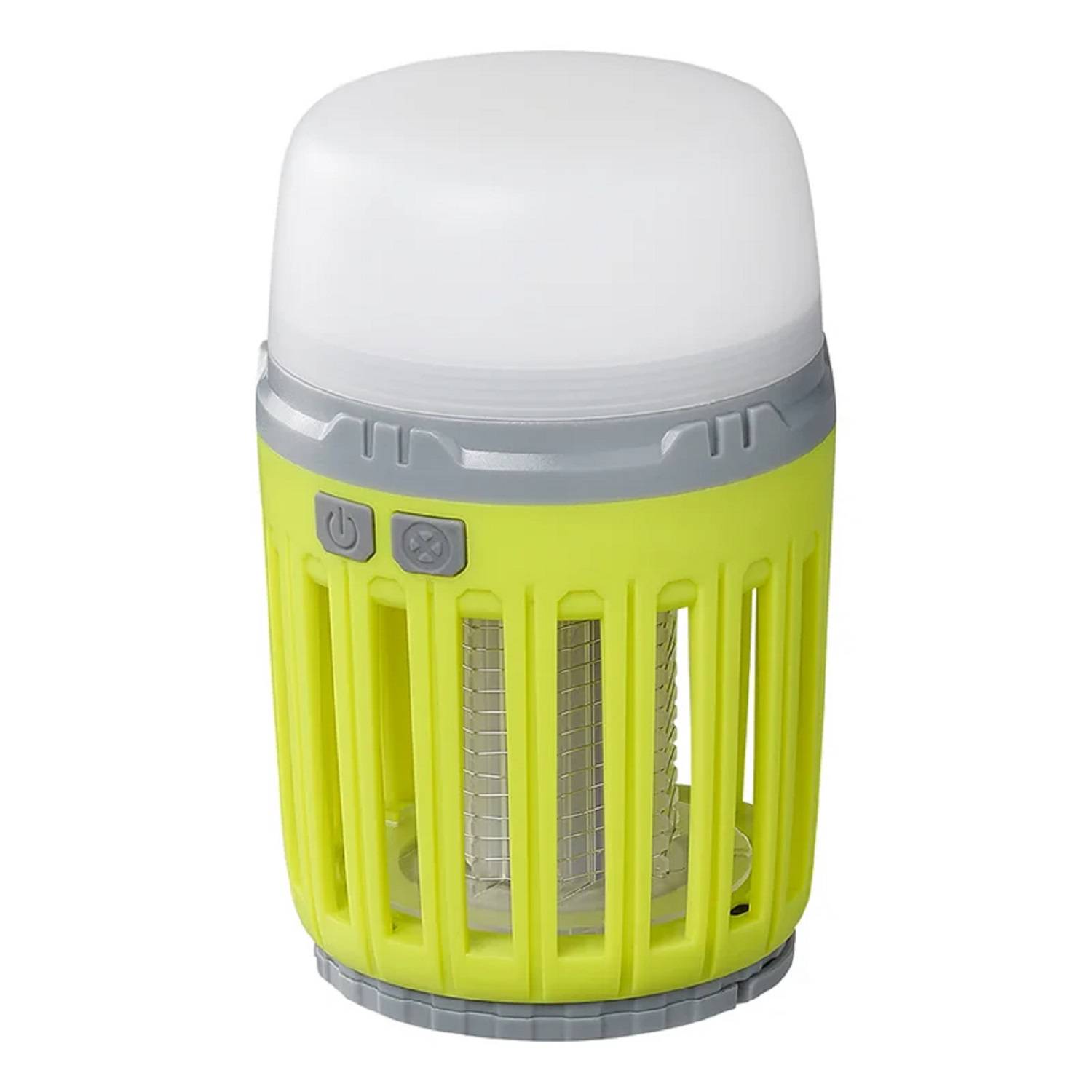 Ein zylindrischer, tragbarer elektrischer Insektenvernichter mit grüner Basis, weißem Deckel und Bedienungstasten an der Vorderseite. Geeignet für den Einsatz im Freien.