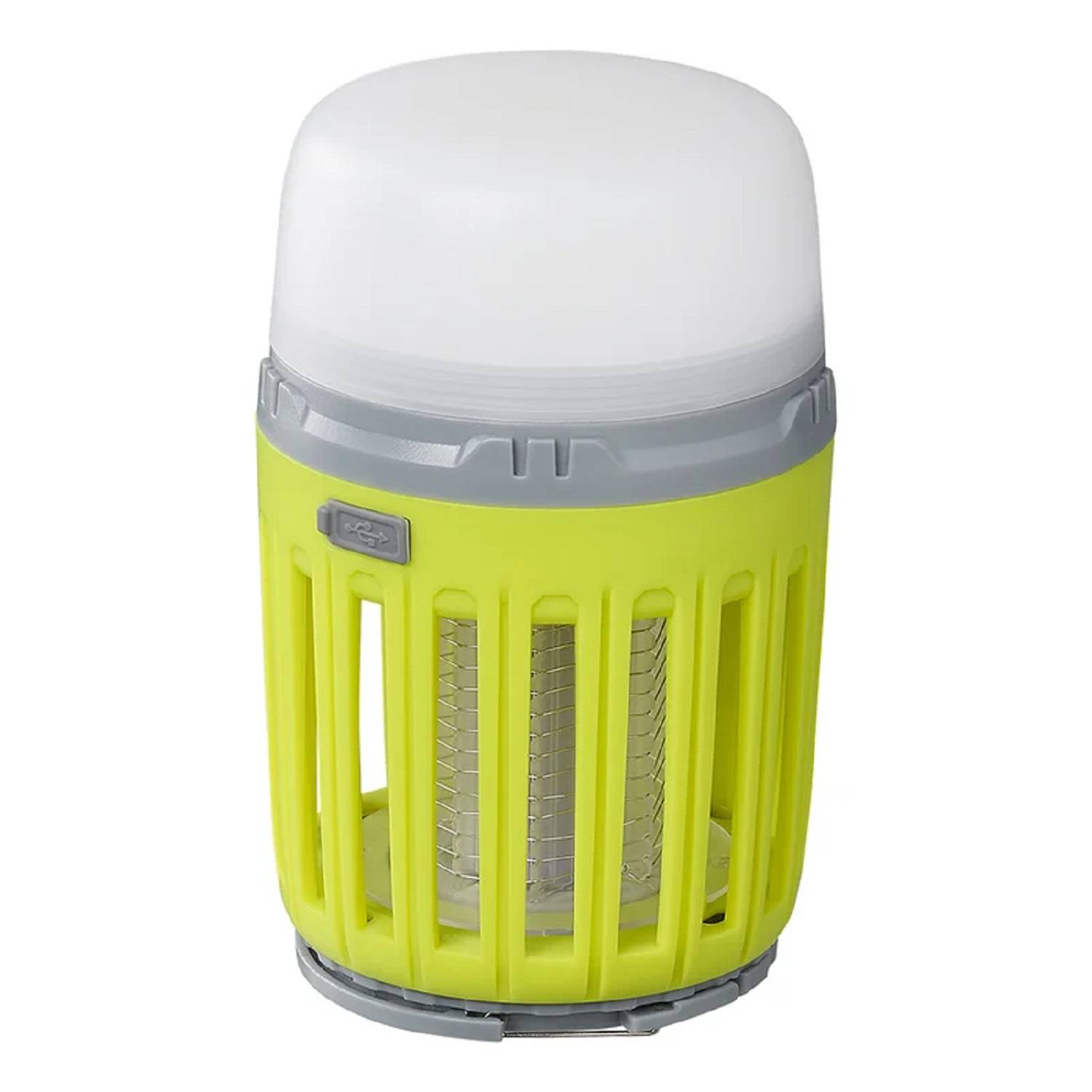 „Eine gelbe und graue tragbare Campinglampe mit zylindrischer Form und weißem Deckel.