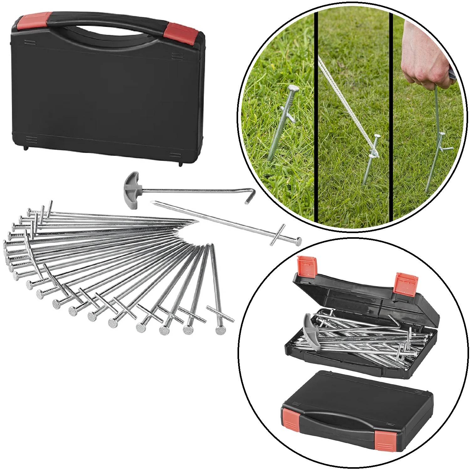 Metallzeltheringe mit einer schwarzen Transporttasche. Enthält Heringe und Hakenwerkzeug, wie auf Gras gezeigt. Ansichten der geöffneten und geschlossenen Tasche.